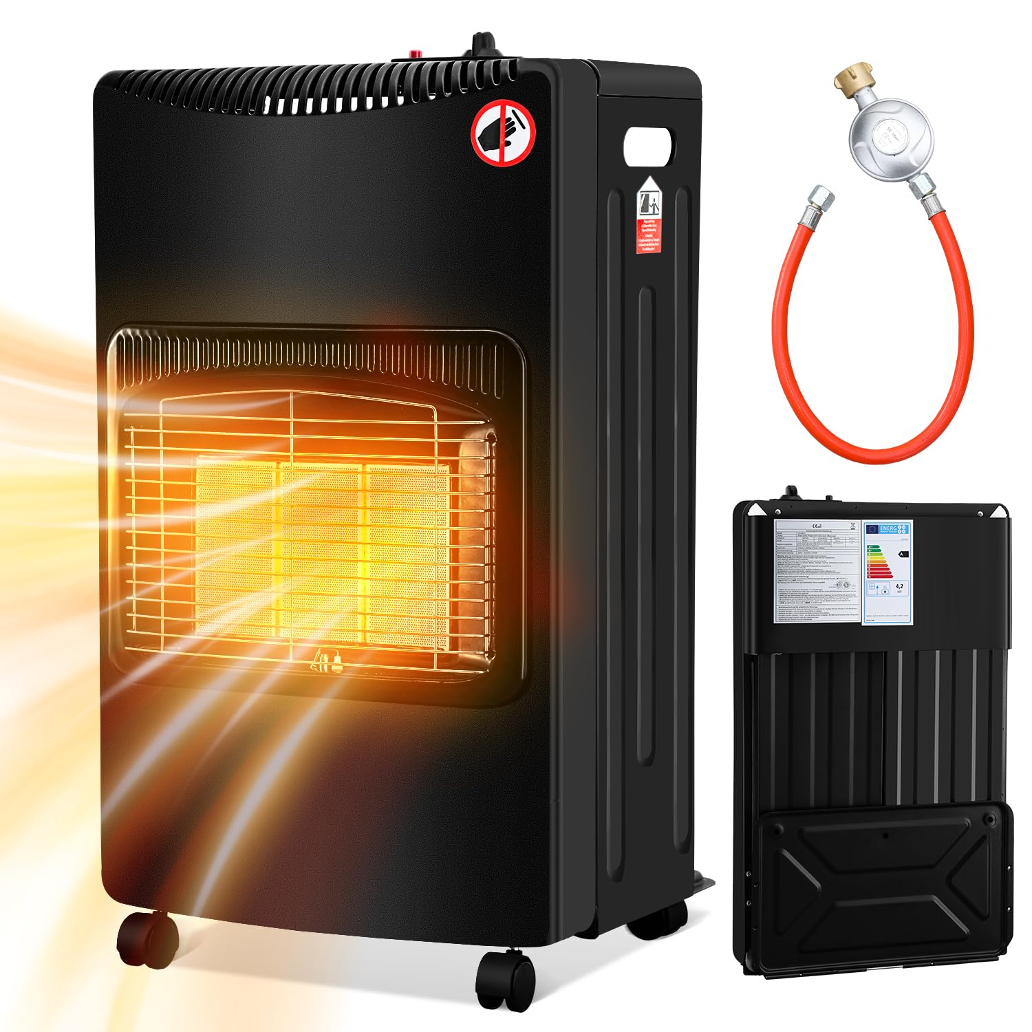 Gasheizofen Gasheizer Keramik 4200 Watt, Gas Heizstrahler Flammenausfall-Schutz Gasheizgerät Gasheizung Gasofen Butan- oder Propangasflaschen bis 15kg, inkl. Gasdruckregler Gasschlauch