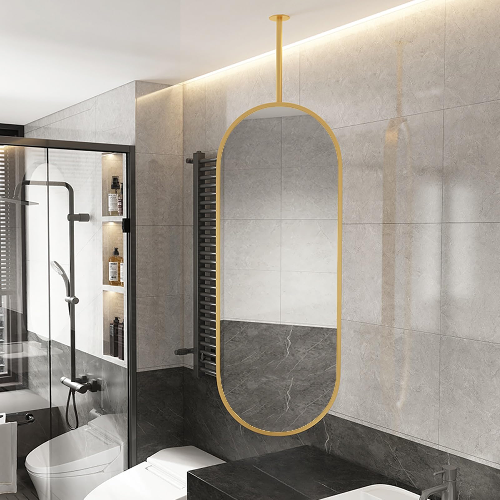 FGXHHS Ceiling Mounted Hanging Mirror for Bathroom Vanity, Large Oval Wall Makeup Shaving with Gold Metal Frame and Boom - Customizable Boom(50cmx60cm)