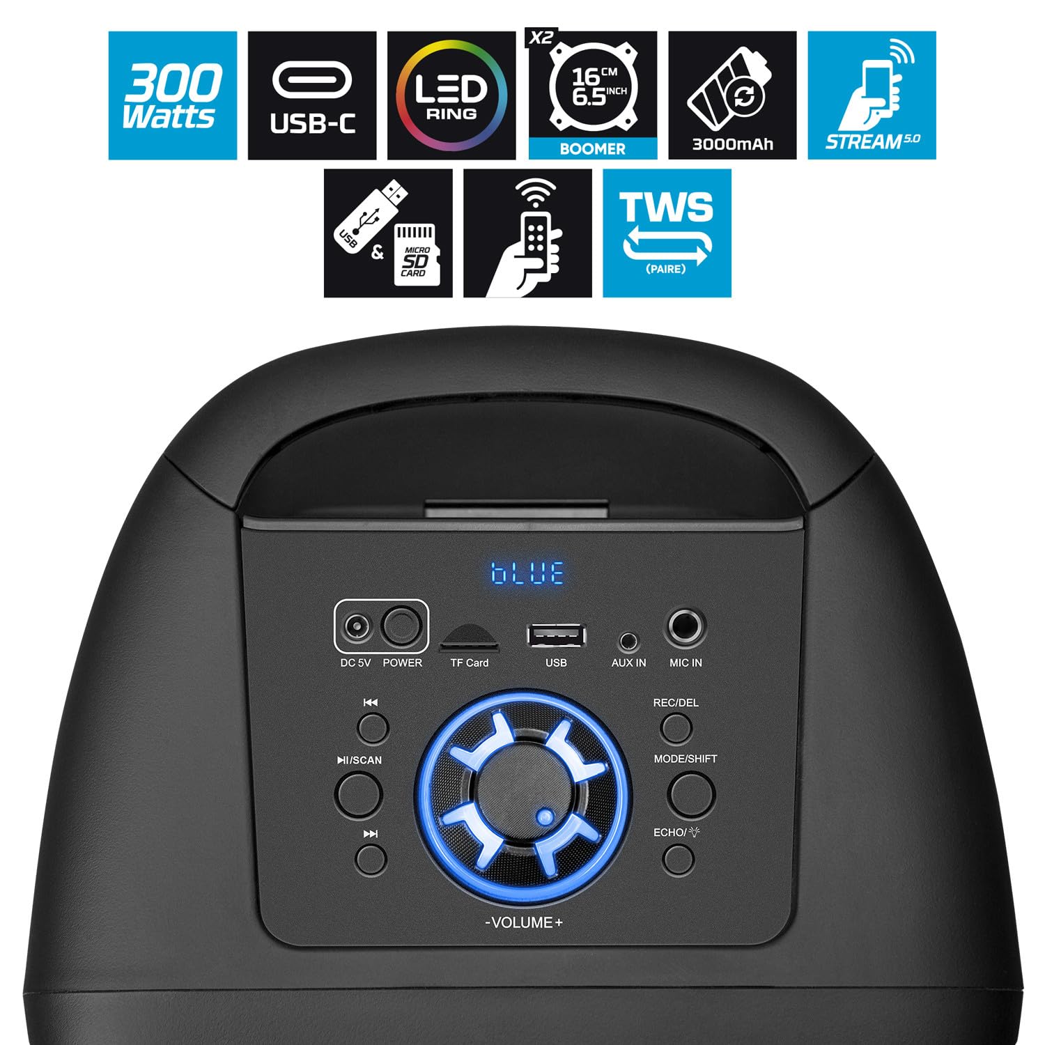 Enceinte Sono DJ Autonome sur Batterie à LED - Panther P26-300W, Bluetooth USB SD, 4 Modes Equaliseurs, Lumière OVNI LED