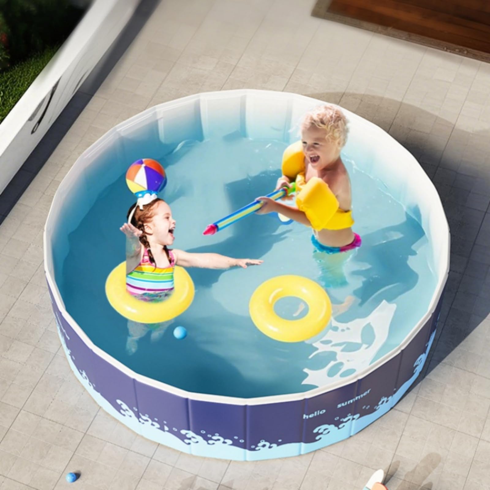Piscina Plegable Sin Hinchado para Niños y Perros Grandes - PVC 5-Capas Ultra-Resistente, No Inflable/Sin Montaje, Fácil Limpiar y Almacenar para Jardín/Patio (Azul, 150 * 48cm)