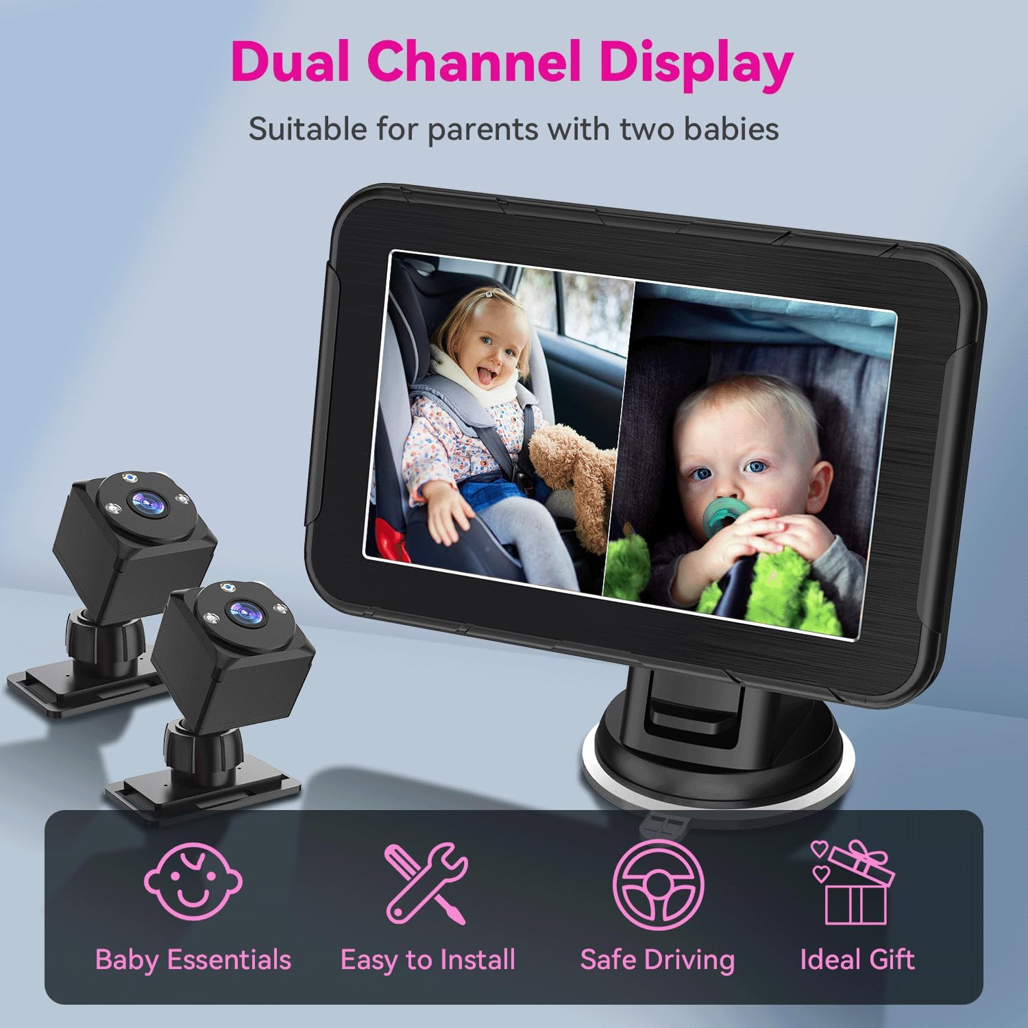 Baby Car Camera for 2 Kids 1080P Split-Screen Monitor Dual Cam Rear-Facing Cameras IR Night Vision 360° Rotatable Backseat Screen, Car Seat Mirror Alternative (2 Cameras with 5'' monirtor)