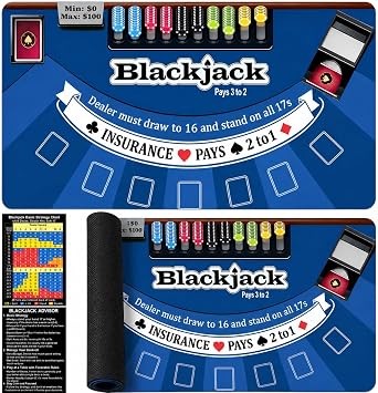 70" x 35" Blackjack Table Mat, Non-Slip Rubber Backing Waterproof Tear Resistant Blackjack Mat, Casino Style Tabletop Layout for Home Game Nights Parties Card Tables, Fits 6-8 Players