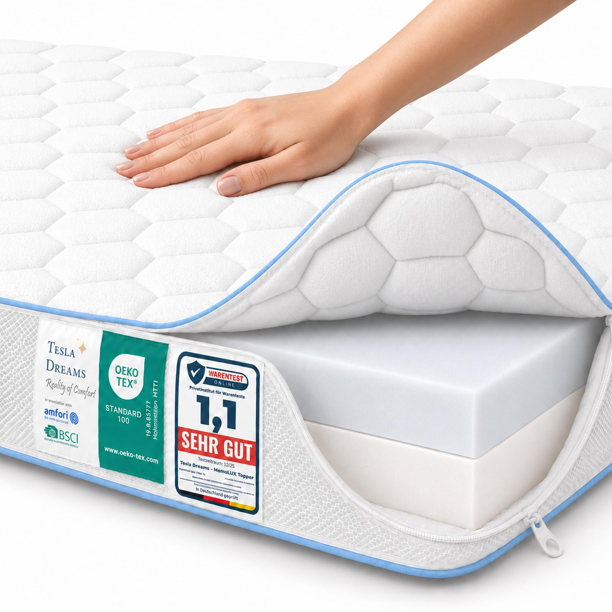 Tesla Dreams Surmatelas de qualité supérieure 140 x 200 cm - MemoLux 12 cm - Mousse à mémoire de forme + mousse confortable - Qualité allemande - Certifié Öko-Tex - Soulage la pression et respirant