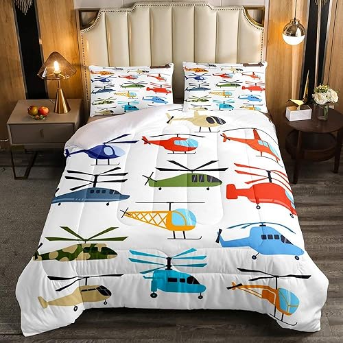 Juego de ropa de cama de avión, tamaño Queen, juego de edredón de helicóptero de avión para niños, edredón de dibujos animados con aviones de