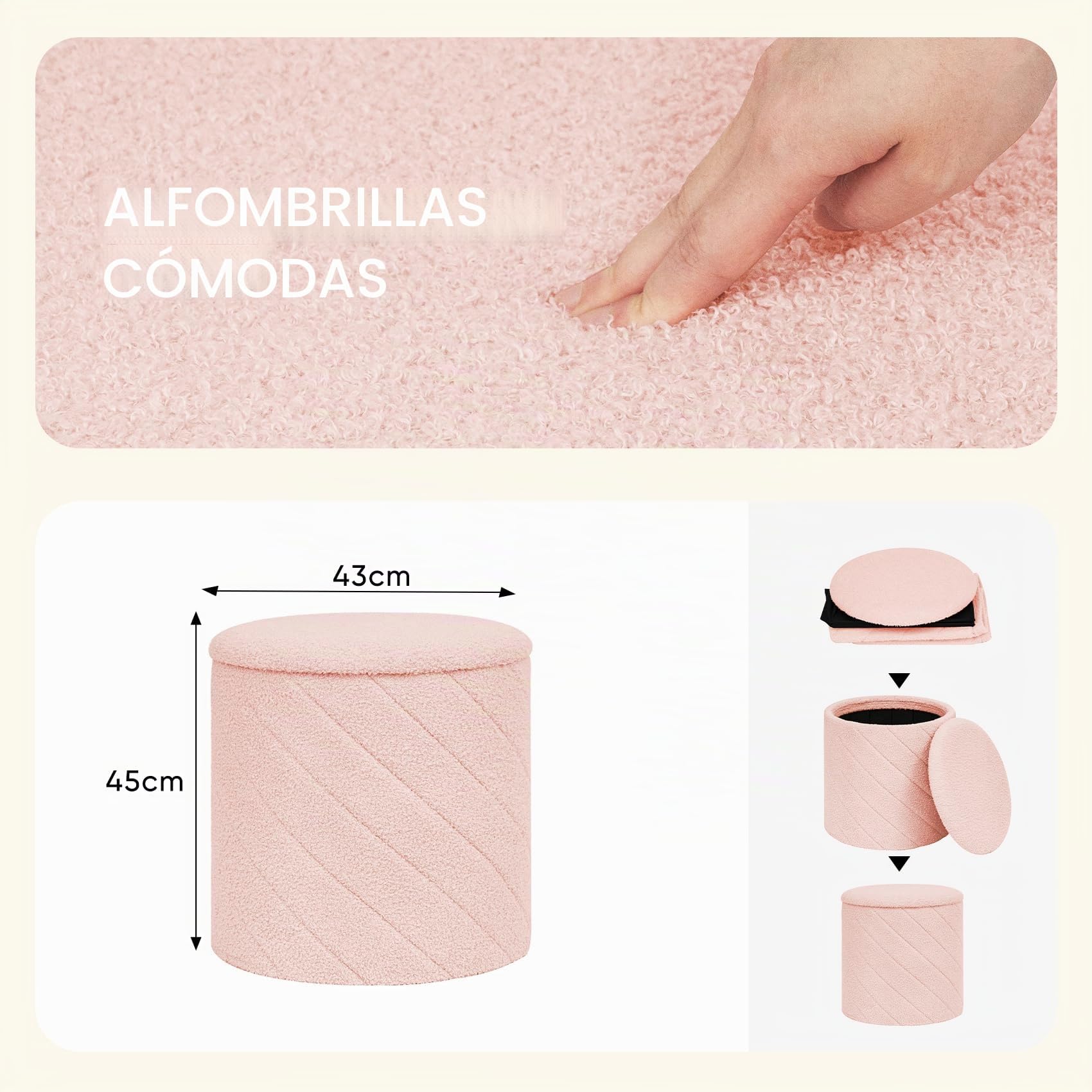 PINPLUS Puff Almacenaje Plegable con Tapa Reversible, Taburete Otomano Redondo Teddy Bouclé, Reposapiés para Salón o Dormitorio, Ø 43 x 45 cm, Rosa