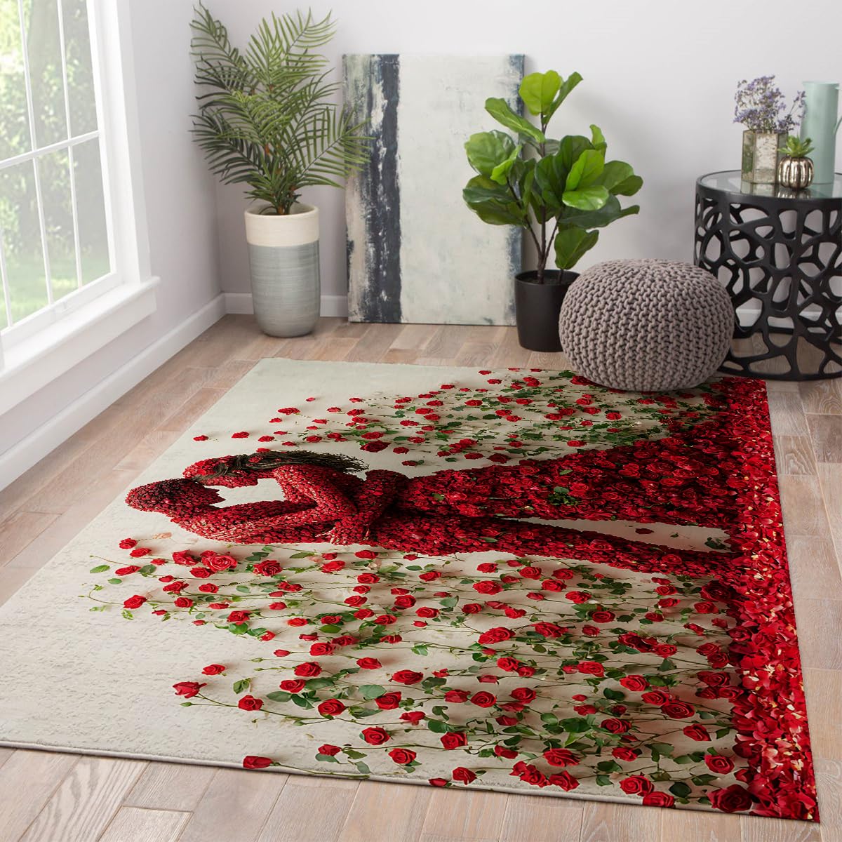 Tapis fleurs cramoisies Red Rose Love 160x230cm pour une décoration luxueuse