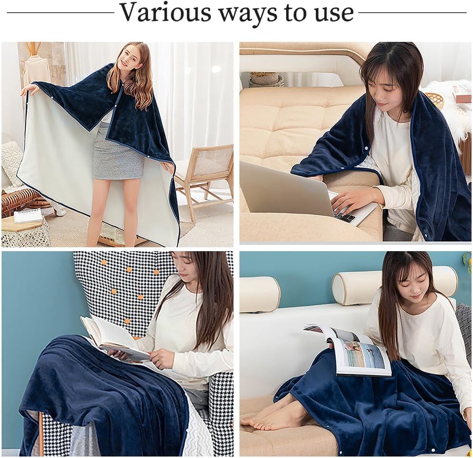 Wearable Blanket Shawl Coral Throw Warm Poncho Soft Cold Watching TV Couch Sofa Chair Wrap Home Office School Travel Cozy Adult Cover with Buttons