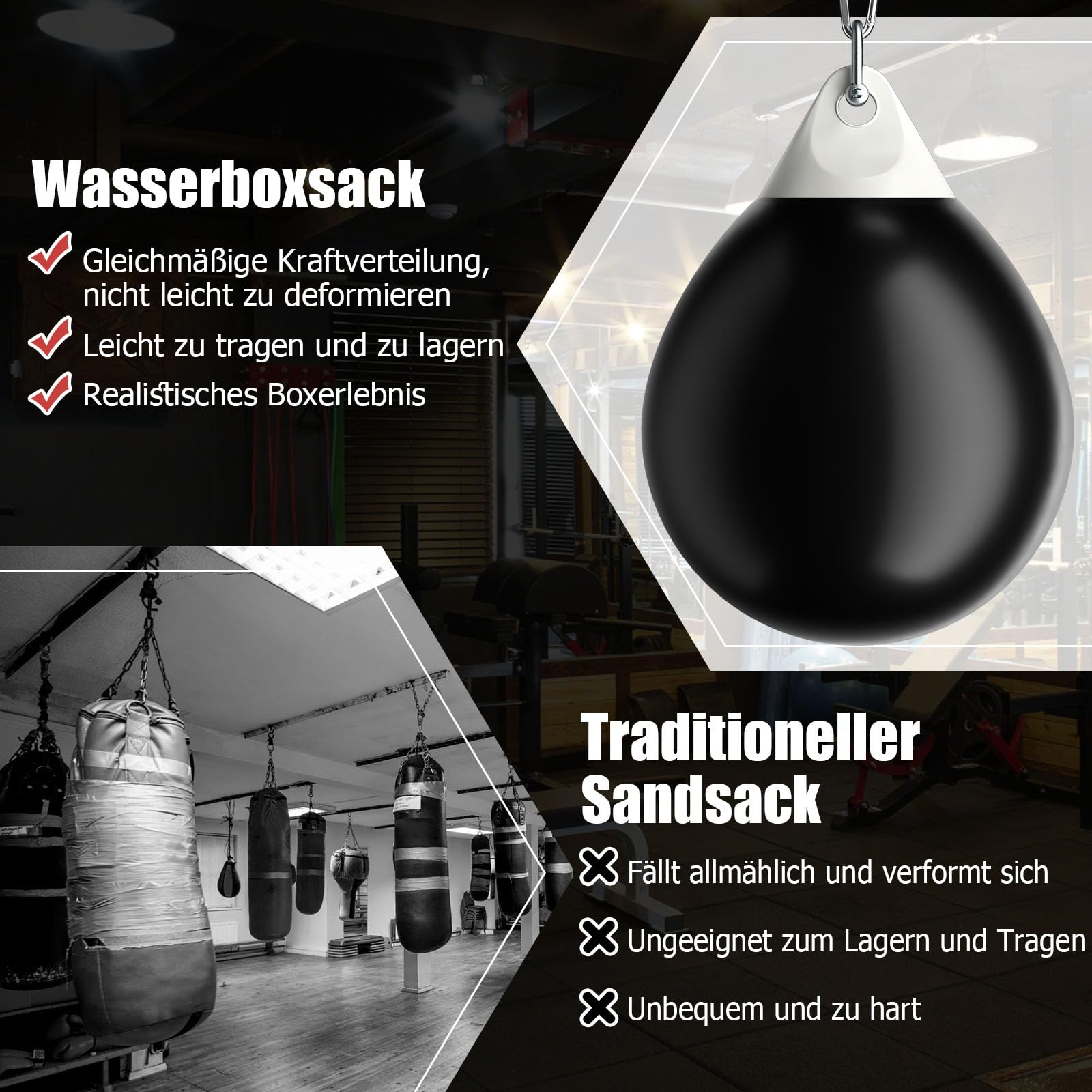 GYMAX Wasserboxsack Ø55cm aus PVC, Boxing Punching Bag mit Wasser füllbar, 80kg hängendes Punchingsack inkl. Wasserschlauch, Sicherheitsschnallen & Metallkette, für Erwachsene & Jugend, Schwarz