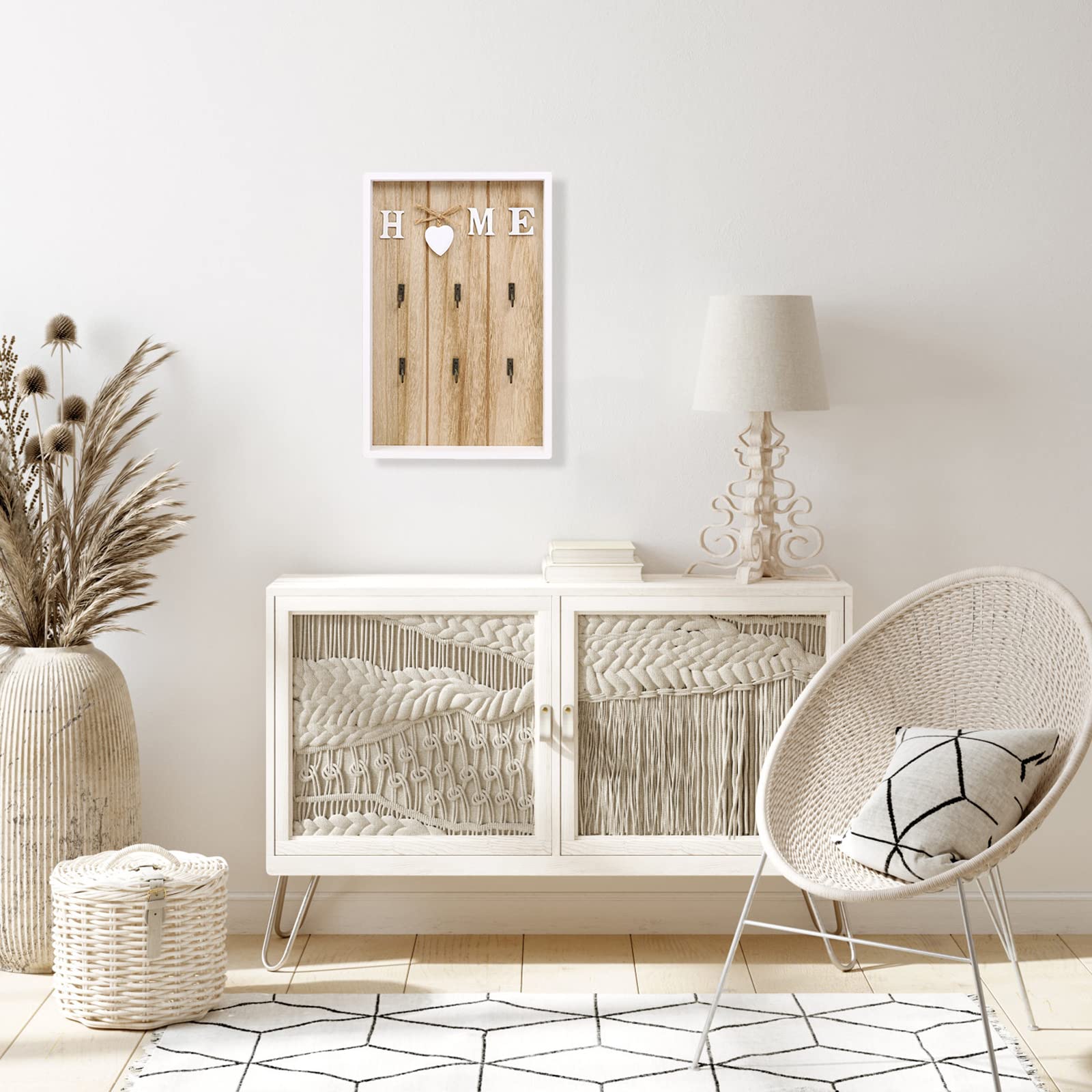 Armoire à Clés Vintage Bois Et Verre - White Wash - 30x24x7 Cm