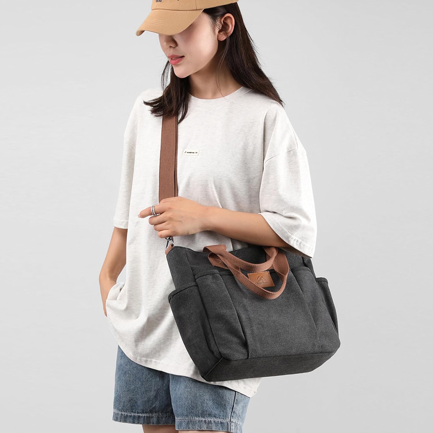 Women's Canvas Tote Bag Lightweight Work Handbag Travel Crossbody Purse with Water Bottle Pocket - Image 2