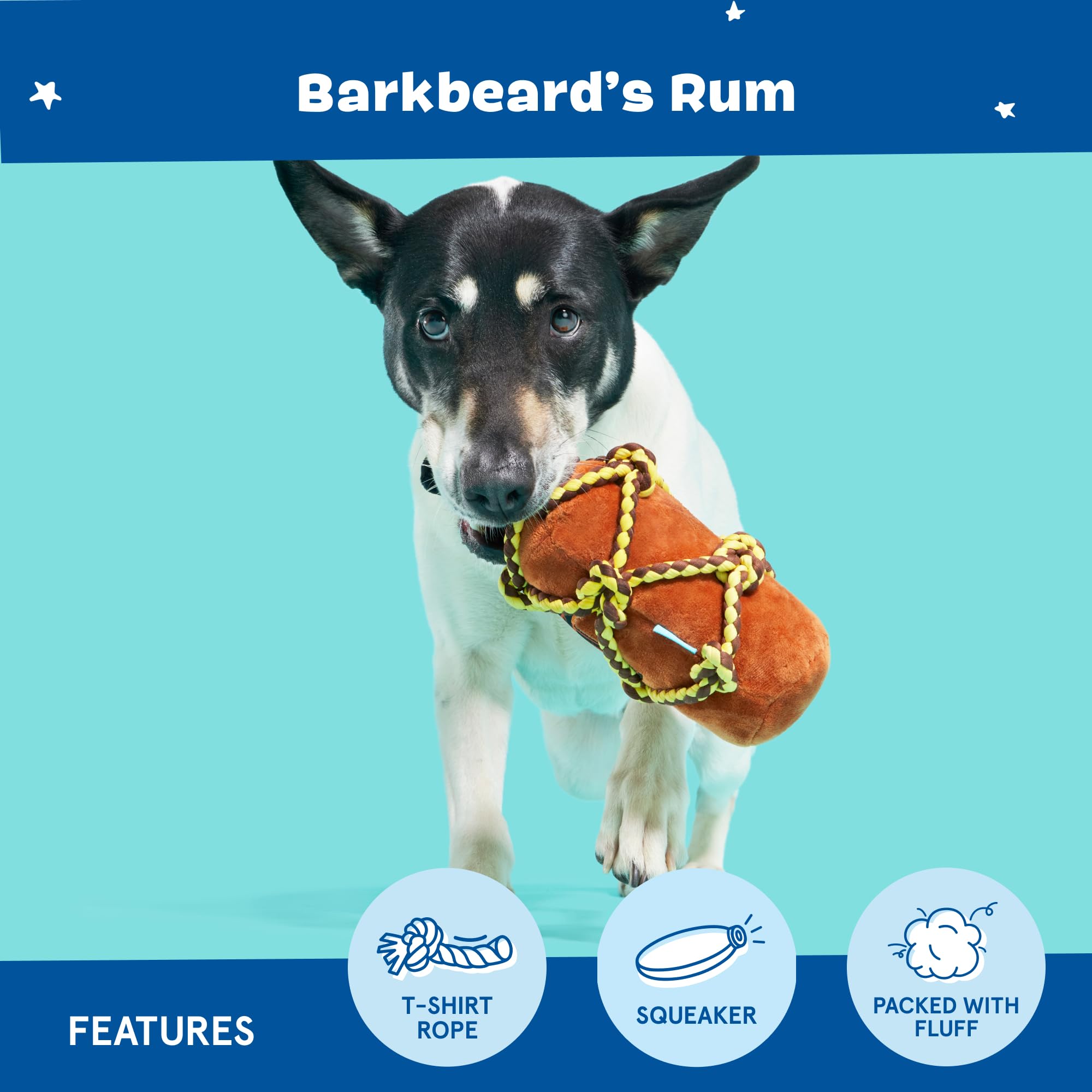BARK Dog Toy Barkbeard's Rum Squeaky Toy for Dogs Plush Bottle Design With T-Shirt Rope For Tugs of Fun, Brown, All Sizes - Image 4