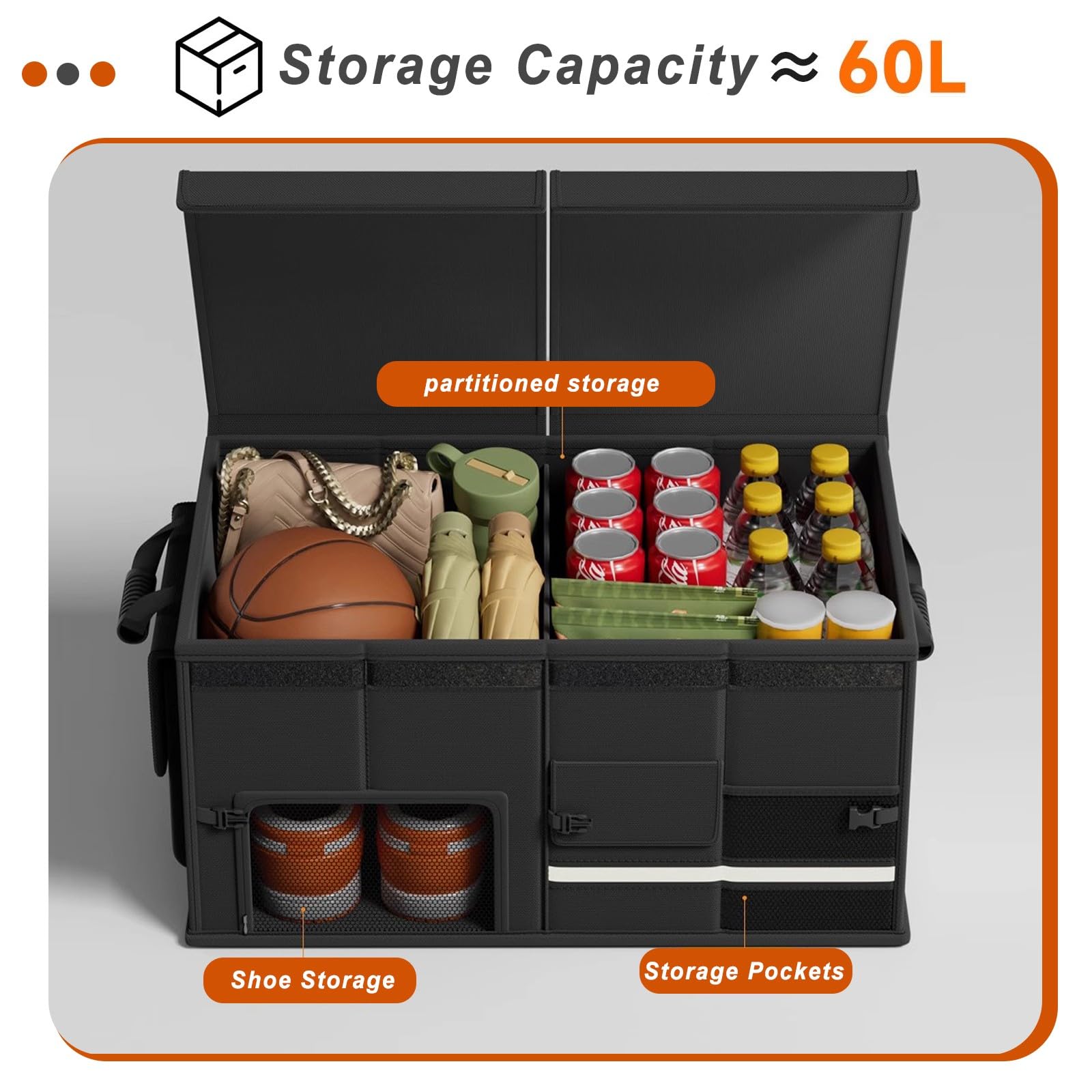 Organizador de maletero plegable con bolsa de carga impermeable, asas reforzadas para un almacenamiento eficiente, ideal para viajes y uso utilitario