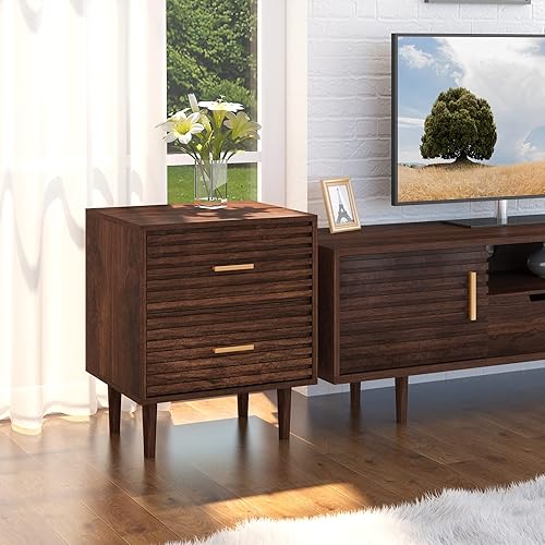 Miniatura 2 de Juego de 2 mesitas de noche modernas de mediados de siglo con 2 cajones de almacenamiento y patas de madera maciza, mesa auxiliar de madera vintage,