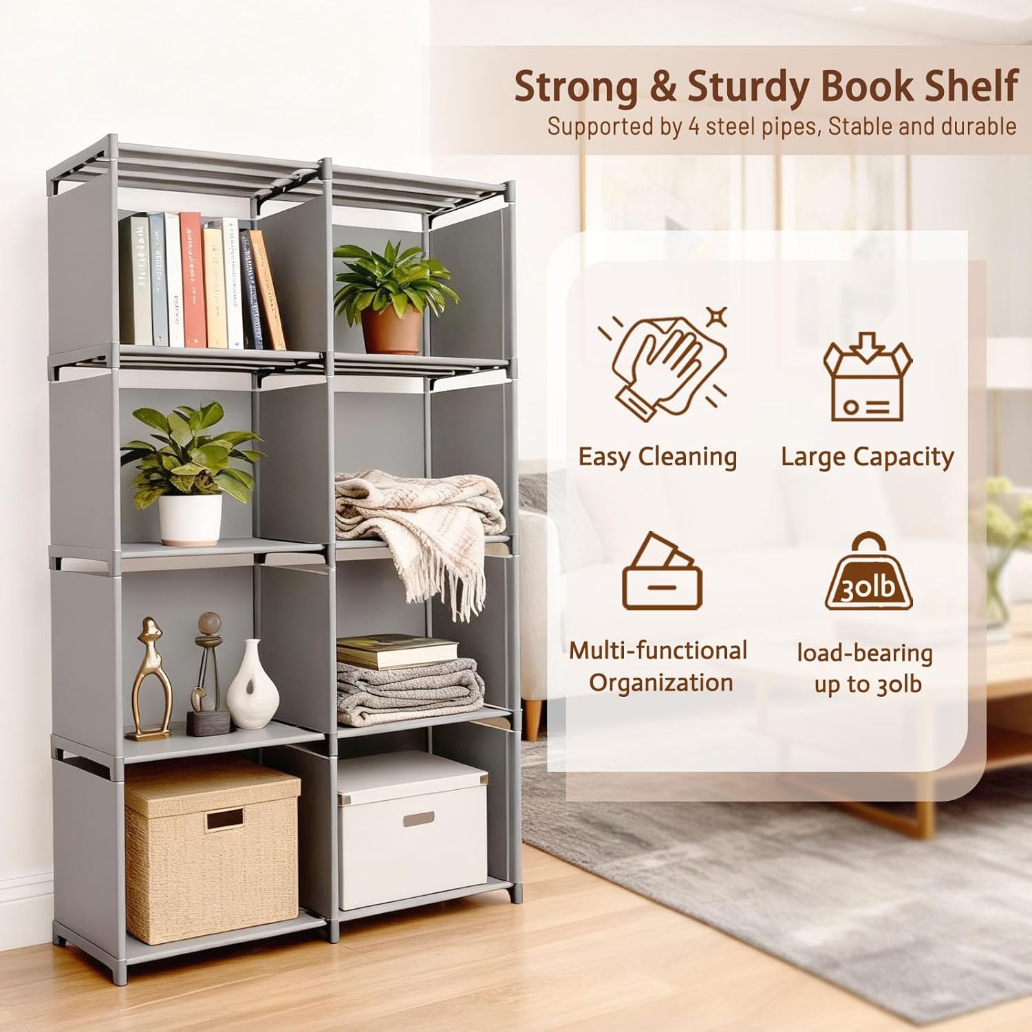 5 Tier Book Shelf, 8-Cube Storage Shelves, Tool-Free Assembly Kids Bookshelf, Bookcase Cube Storage Organizer for Kids Room, Living Room, Office, Bedroom, Study Room, (Grey, 5 Tier - 8 Cubes)