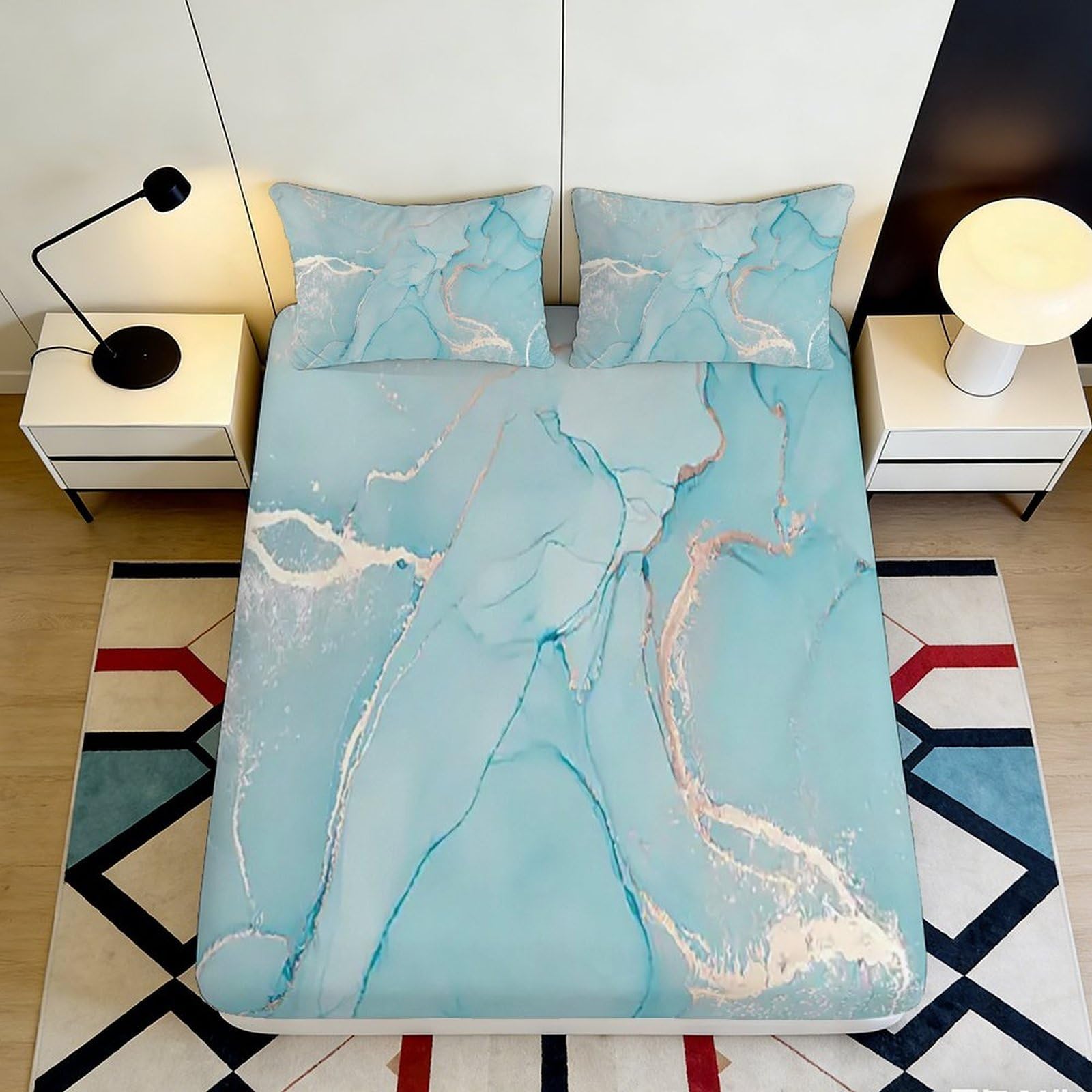 3D Printed Blue Marble Fitted Sheet Microfiber Soft Breathable Abstract Watercolor Mattress Cover Bedroom Decor 90x200x25cm