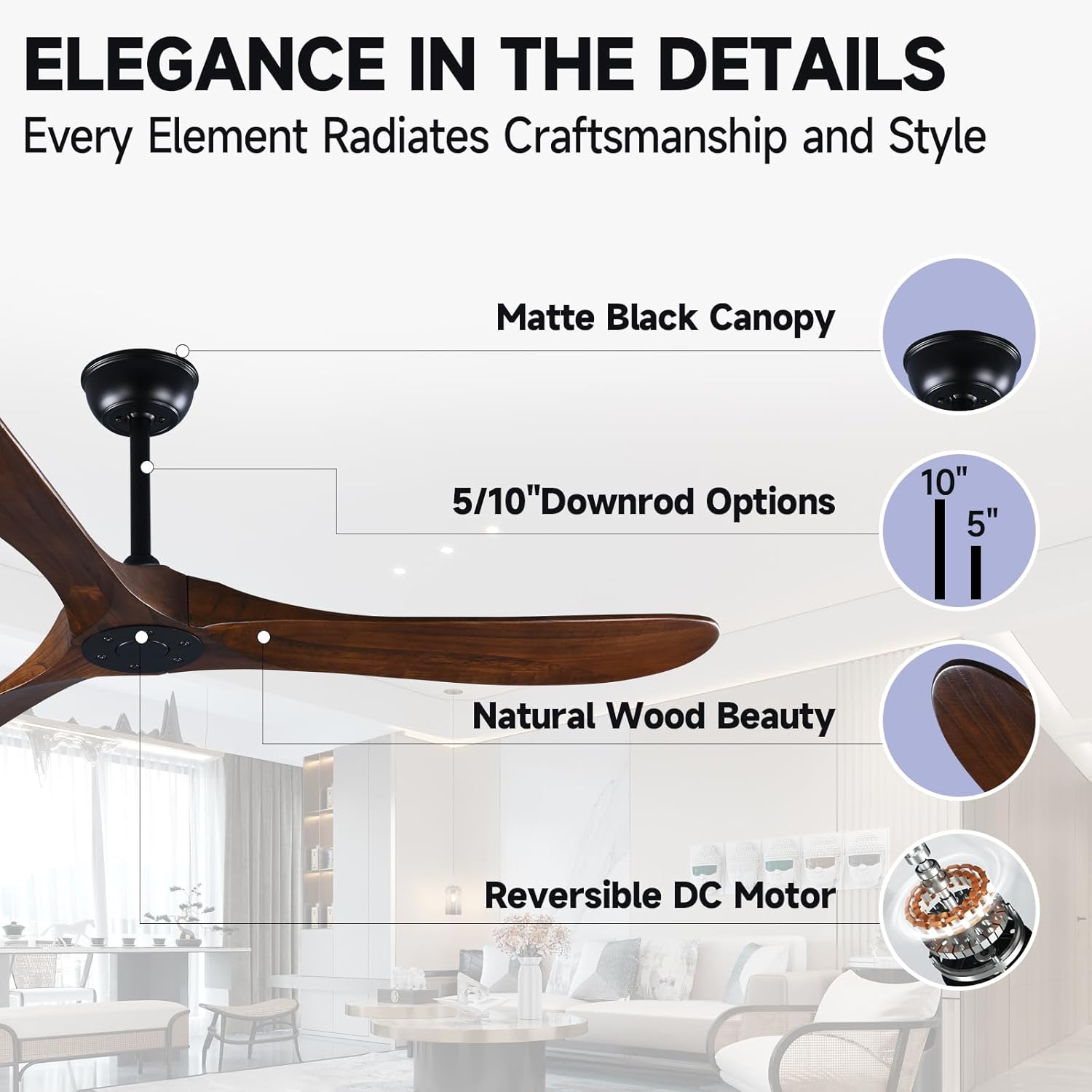 60" Farmhouse Ceiling Fan with Remote Control, Wood Ceiling Fan without Lights for Indoor/Outdoor - Modern Design, Powerful Airflow, Silent Operation