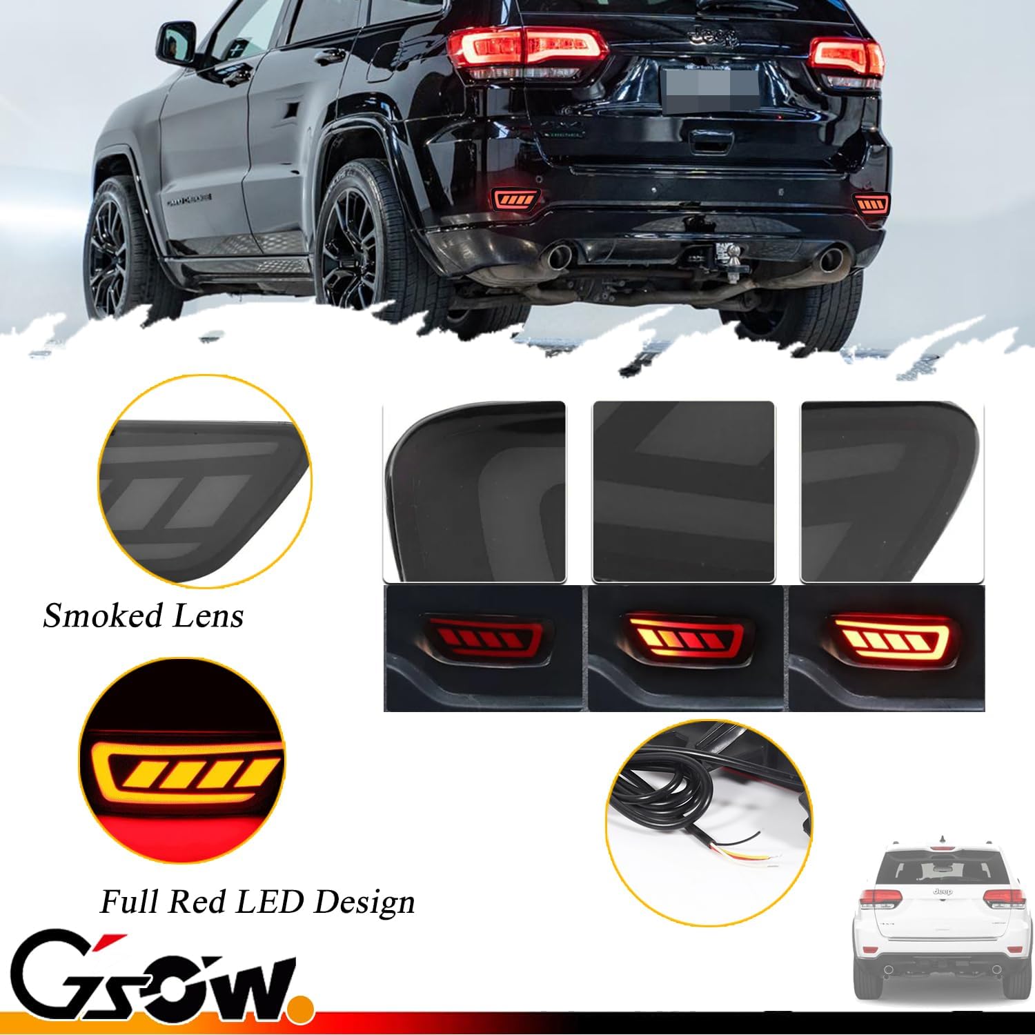 2 Pcs Red LED Rear Bumper Reflector Lights for J-e-e-p Grand Cherokee 2011-2021, Compass 2011-2017, Dodge Journey 2011-2017, Smoked Lens Sequential Turn Signal Lamps Fog Brake Tail Lights