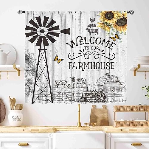 Miniatura 32 de Cortinas de cocina de granja, animales de granja rústica, gallo, pollo, leche, vaca, cerdo, molino de viento, granero rojo, retro, casa rural,
