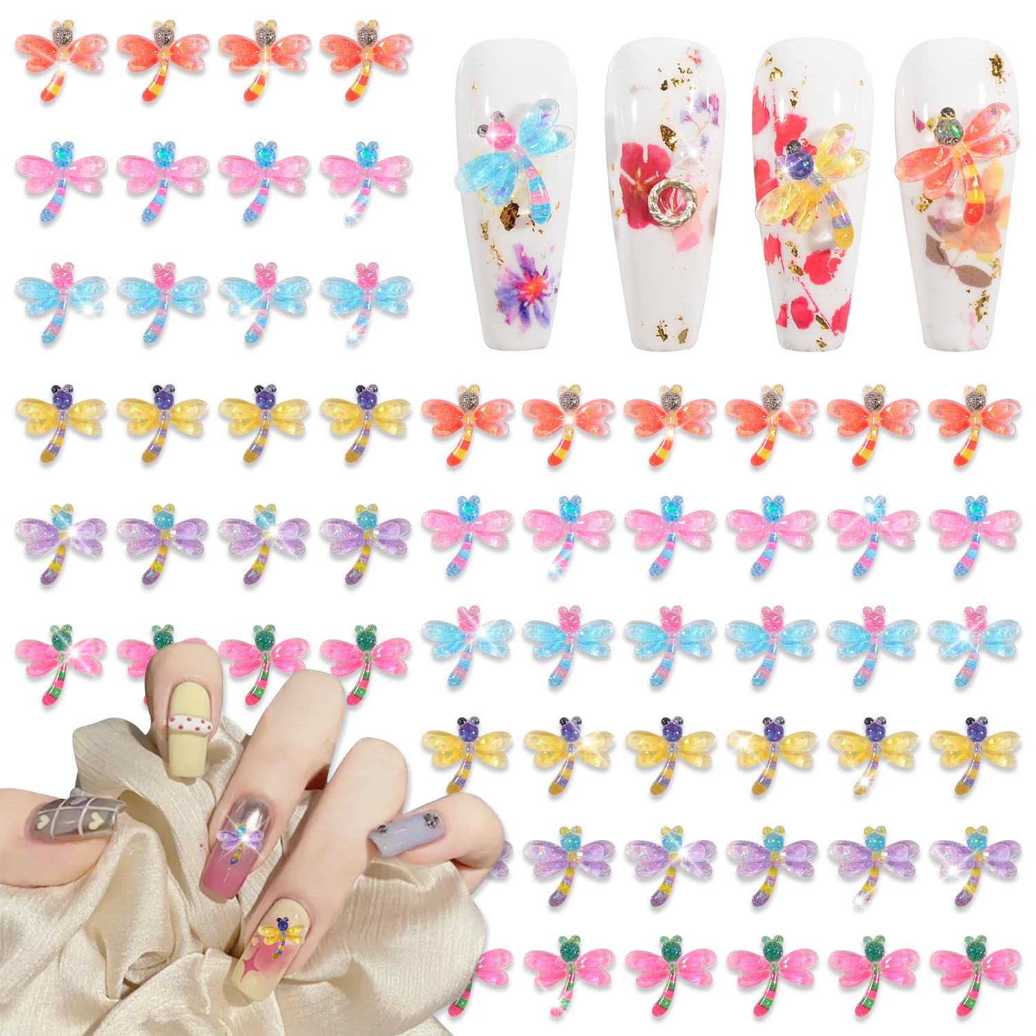 DANNEASY 60pcs Mix-color Resin Dragonfly Nail Charms for Nails