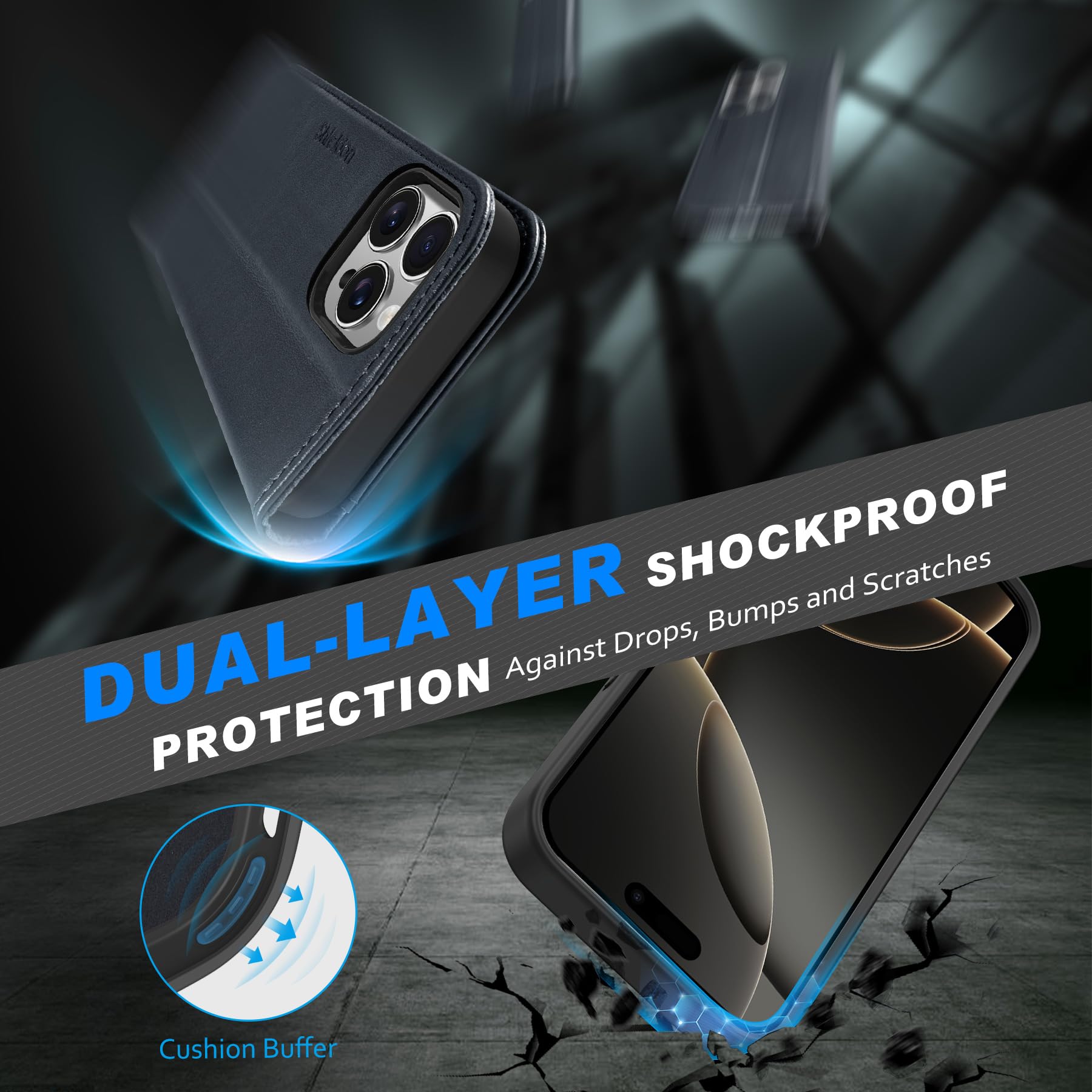 SHIELDON Etui do iPhone 16 Pro Max, Skórzane etui 2 w 1 z odpinanym portfelem i uchwytem na kartę Magnetyczne etui z klapką do ładowania bezprzewodowego kompatybilne z iPhone 16 Pro Max - granatowy