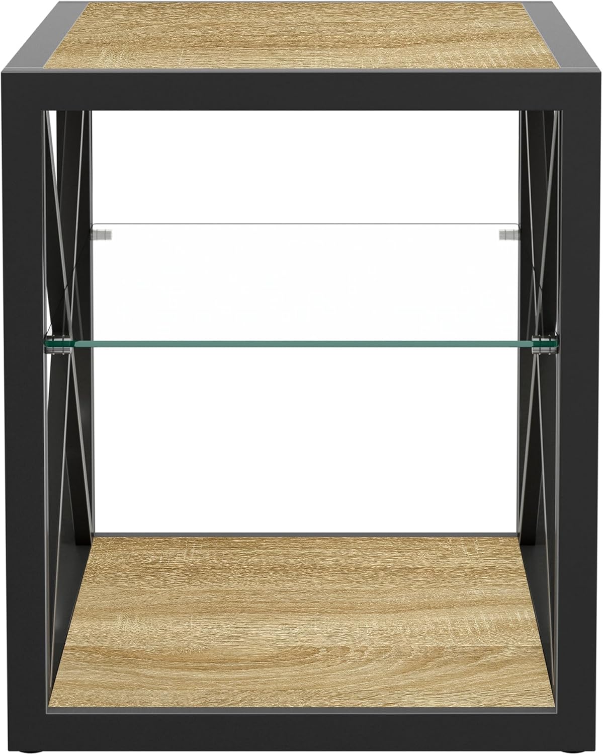 Bellemave 1 piece Side Table for Bedroom & Living Room, Modern End Table with 3-Tier Storage Shelve, Tempered Glass & Wood MDF, X-Frame Metal Support, Nightstand for Small Spaces, Natural