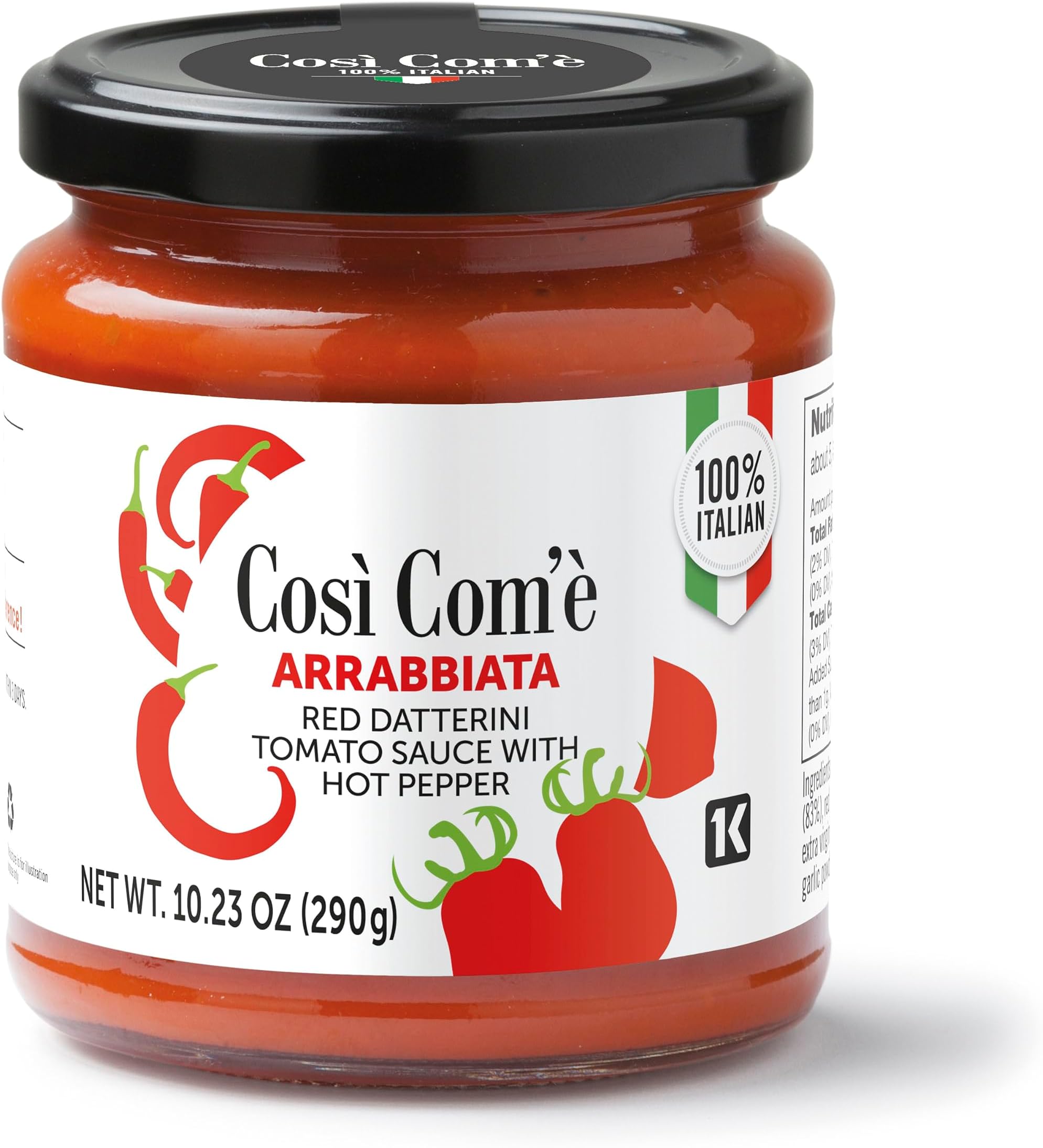 Cosi Come - Spicy Red Datterino Tomato Sauce with Chili Pepper, 10.23 oz, Arrabiata Pasta Sauces, Non Preservative, Non GMO, Product of Italy