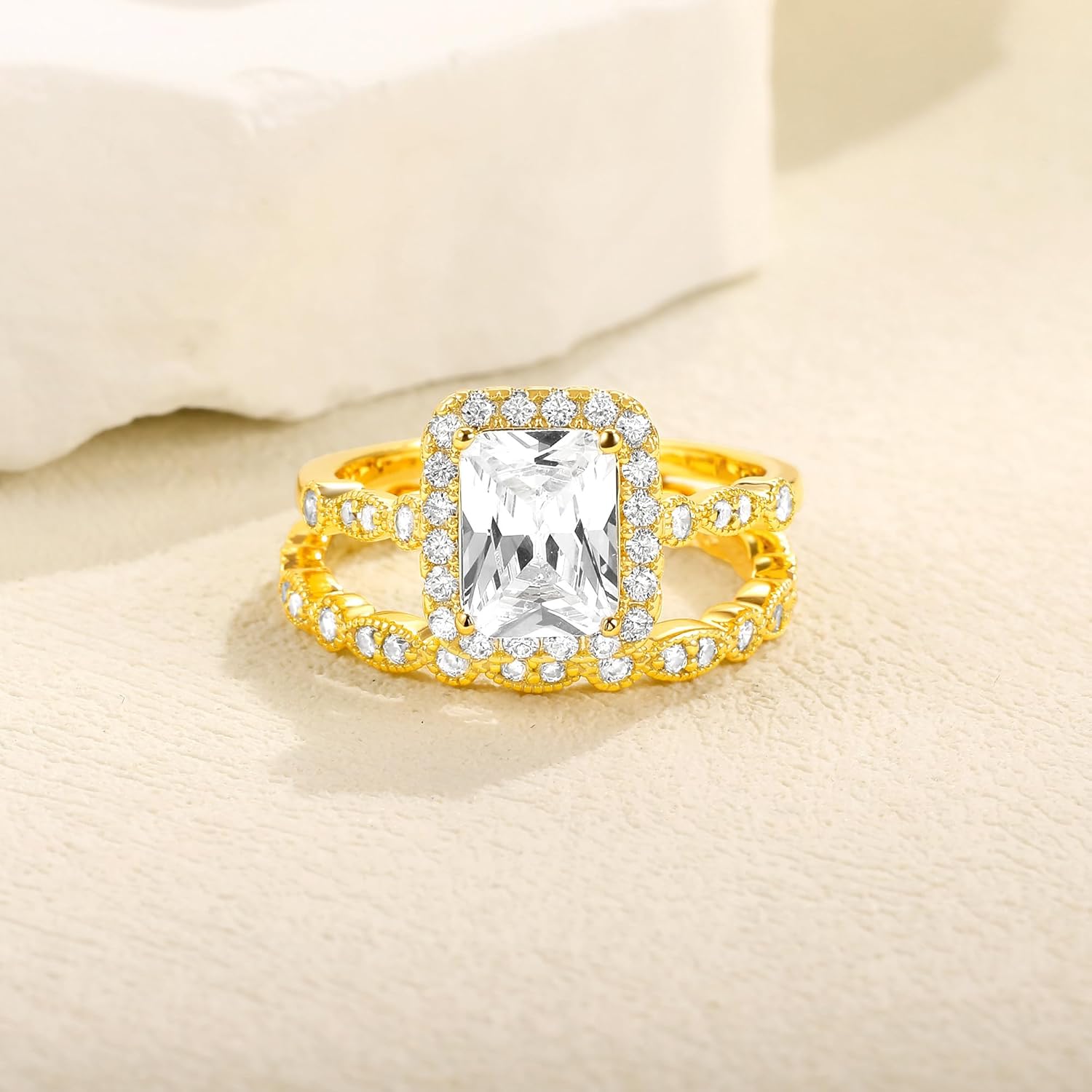 MDFUN 18K White/Yellow Gold Plated Eternity Ring Sets,Two-in-One Cubic Zirconia Wedding Engagement Promise Eternity Ring for Women - Image 3