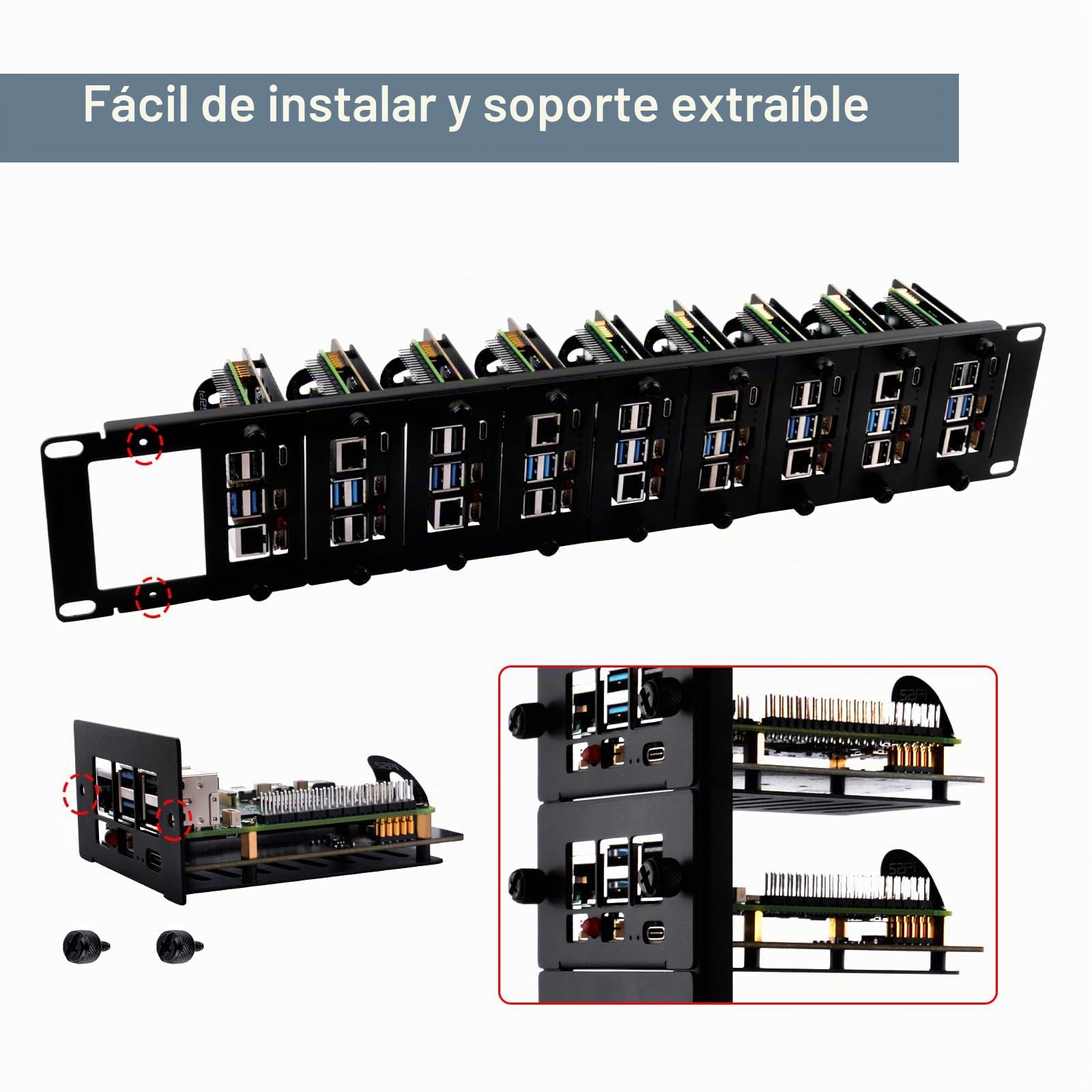 GeeekPi Soporte de rack 2U de 19 pulgadas para Raspberry Pi 5, con 10 adaptadores PCIe a M.2 NVMe SSD, soporta hasta 10 placas Raspberry Pi 5/4B, compatible con rack de servidor de 19 pulgadas