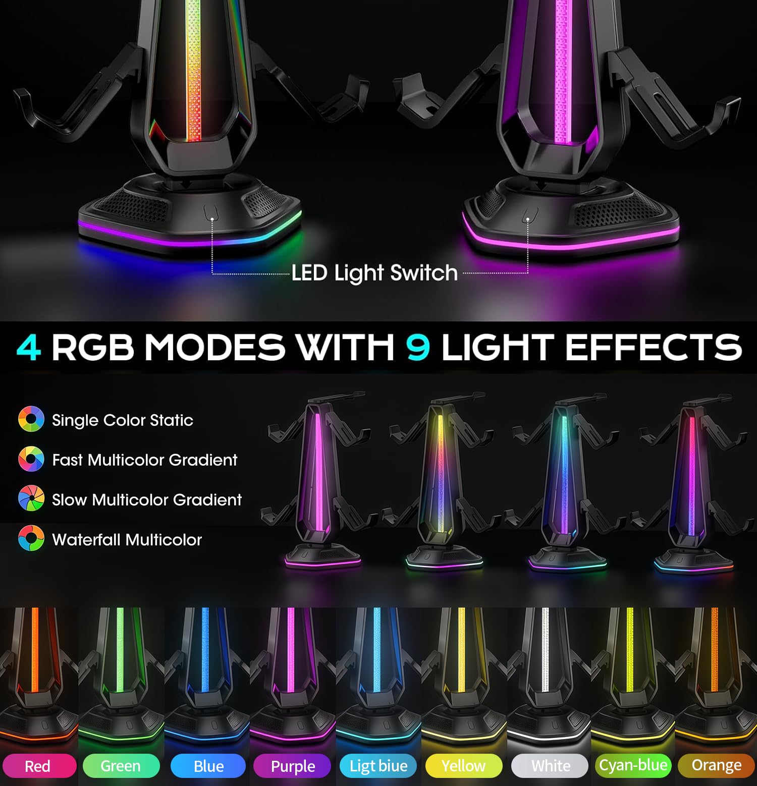 Soporte RGB para auriculares con 9 modos de luz y 2 puertos de carga USB, soporte de controlador para escritorio, soporte para auriculares y gancho de controlador desmontable para accesorios