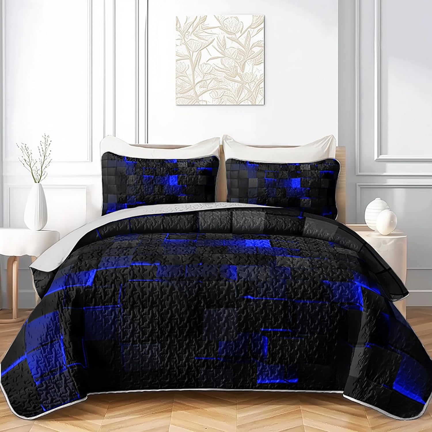 Full Geometric Quilt Set, Neon Blue Black Grid Square Bedspread, Cool Honeycomb Bed Coverlet, Modern Geometry Bedding for Boys Kids Teens, Blue Black Checkered Bed Set with 2 Pillowcases