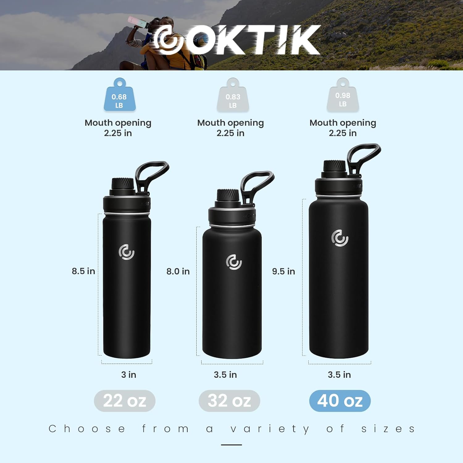 Sports Water Bottle 40oz, Insulated Water Bottle with Handle,Stainless Steel,Simple Modern,Suitable for Travel, School, Boy, Girl(Black) Black 40 Ounces