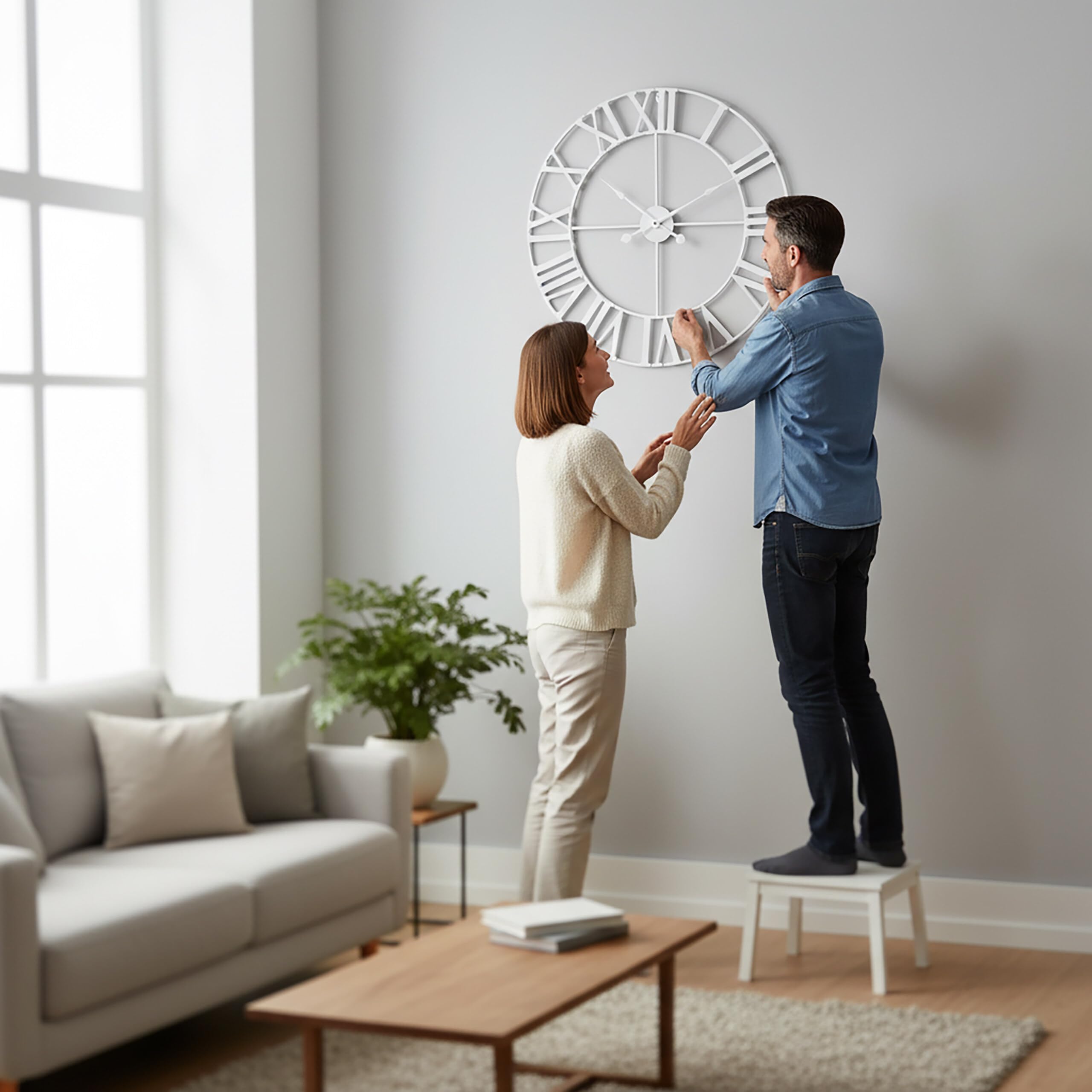 Reloj de Pared Relaxdays, números Romanos, Ø 60 cm, Reloj de salón a Pilas, Hierro, Blanco