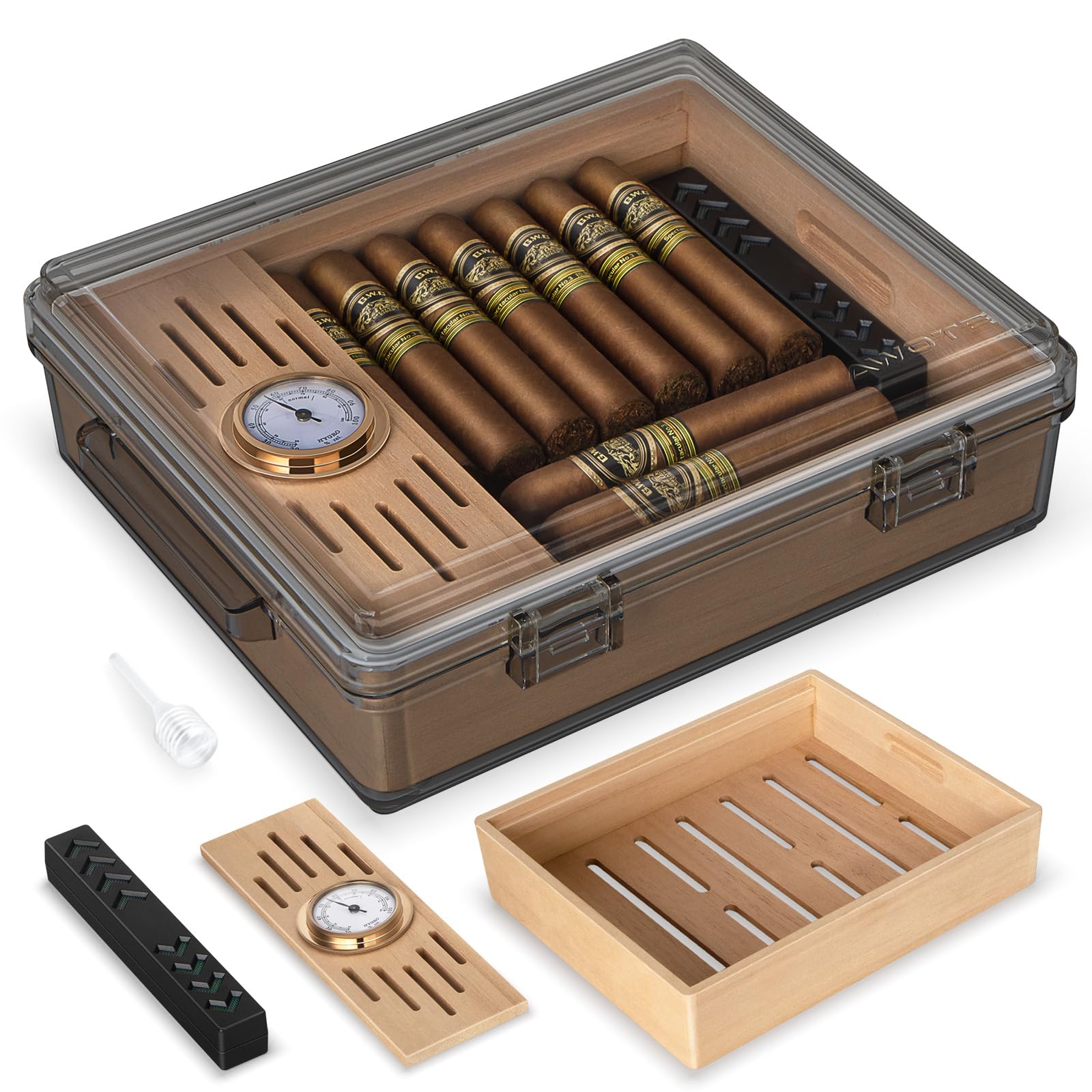 Acrylic Cigar Humidor, Clear Cigar Box with Hygrometer, Humidifier and Cedar Wood Tray, Desktop Cigar Case Can Hold About 20-30 Cigars (Grey)