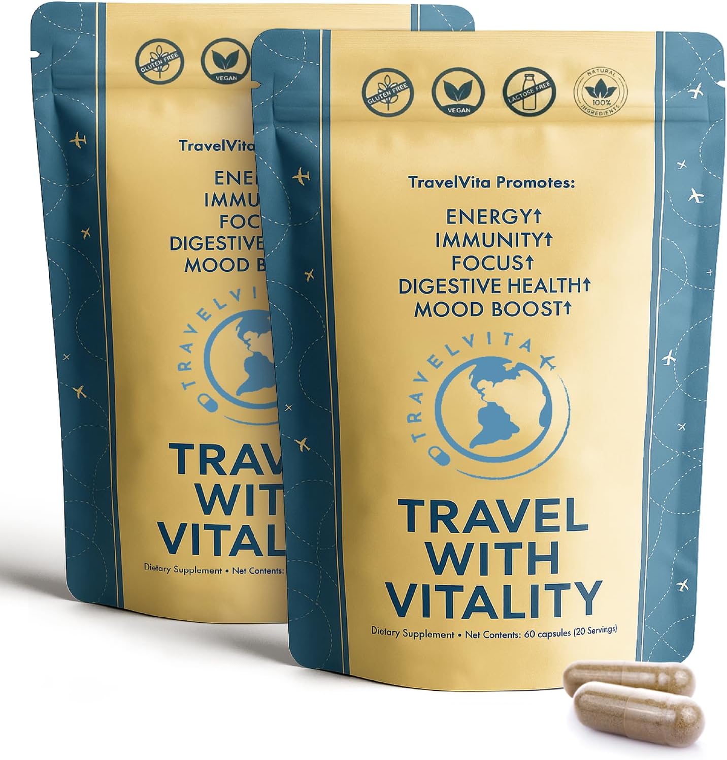 Natural Travel Pills - Traveling Supplement for Jet Lag Relief, Digestion, Immunity, Energy, Sleep, Circulation - Vacation and Long Flight Essentials for Men and Women - 60 Day Supply
