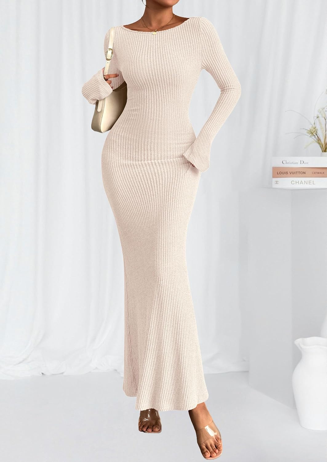 PRETTYGARDEN Women's Fall Fashion 2026 Long Sleeve Maxi Dress Ribbed Knit Boat Neck Bodycon Casual Dresses Going Out Outfits - Image 2