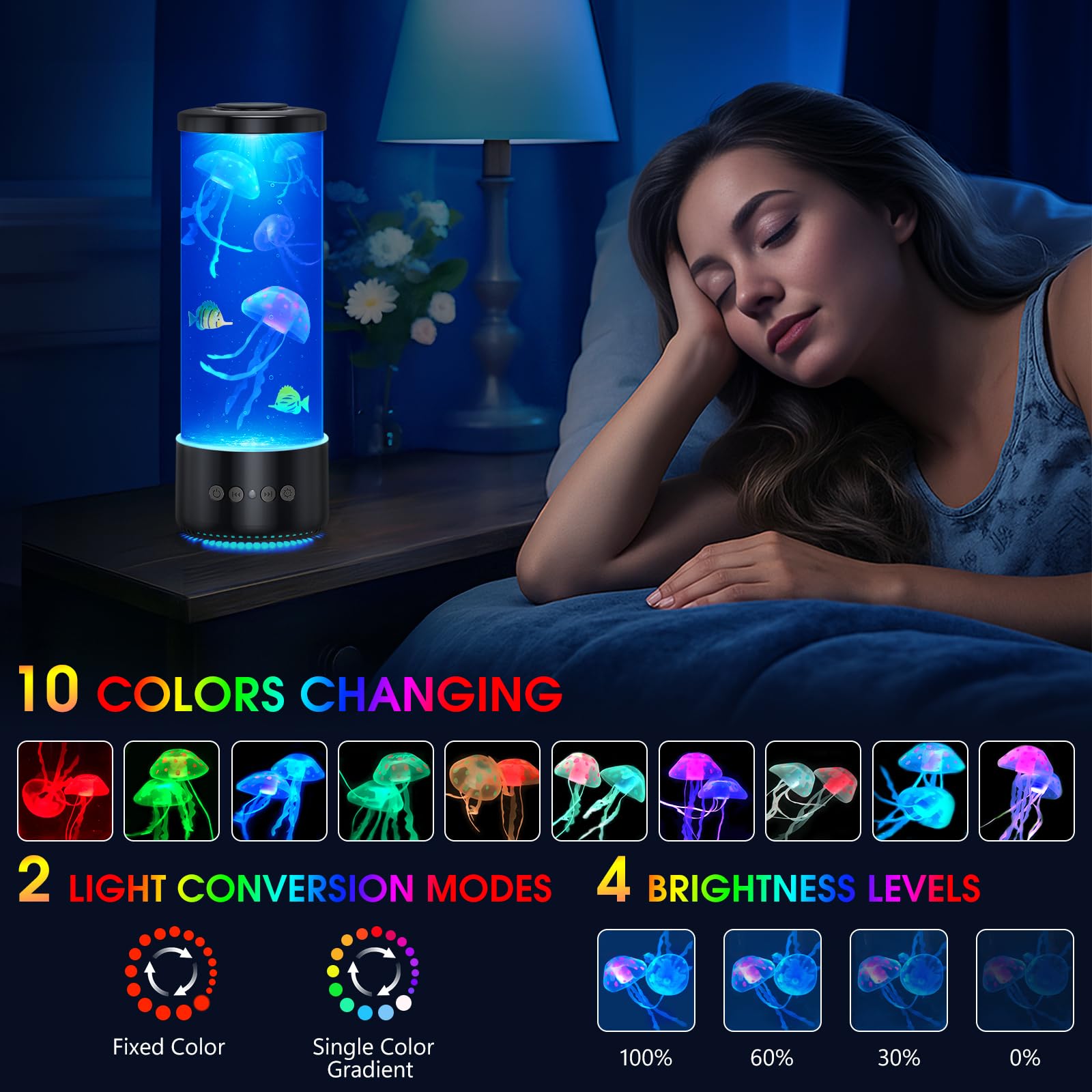 Jellyfish Lamp Bluetooth Speaker,12 White Noise Jelly Fish Table Night Light, 10 Color Changing 2 Lighting Modes,Mood Lamp for Home Office Sleep Relaxation, Gifts for Kids Children Adults,Home Decor