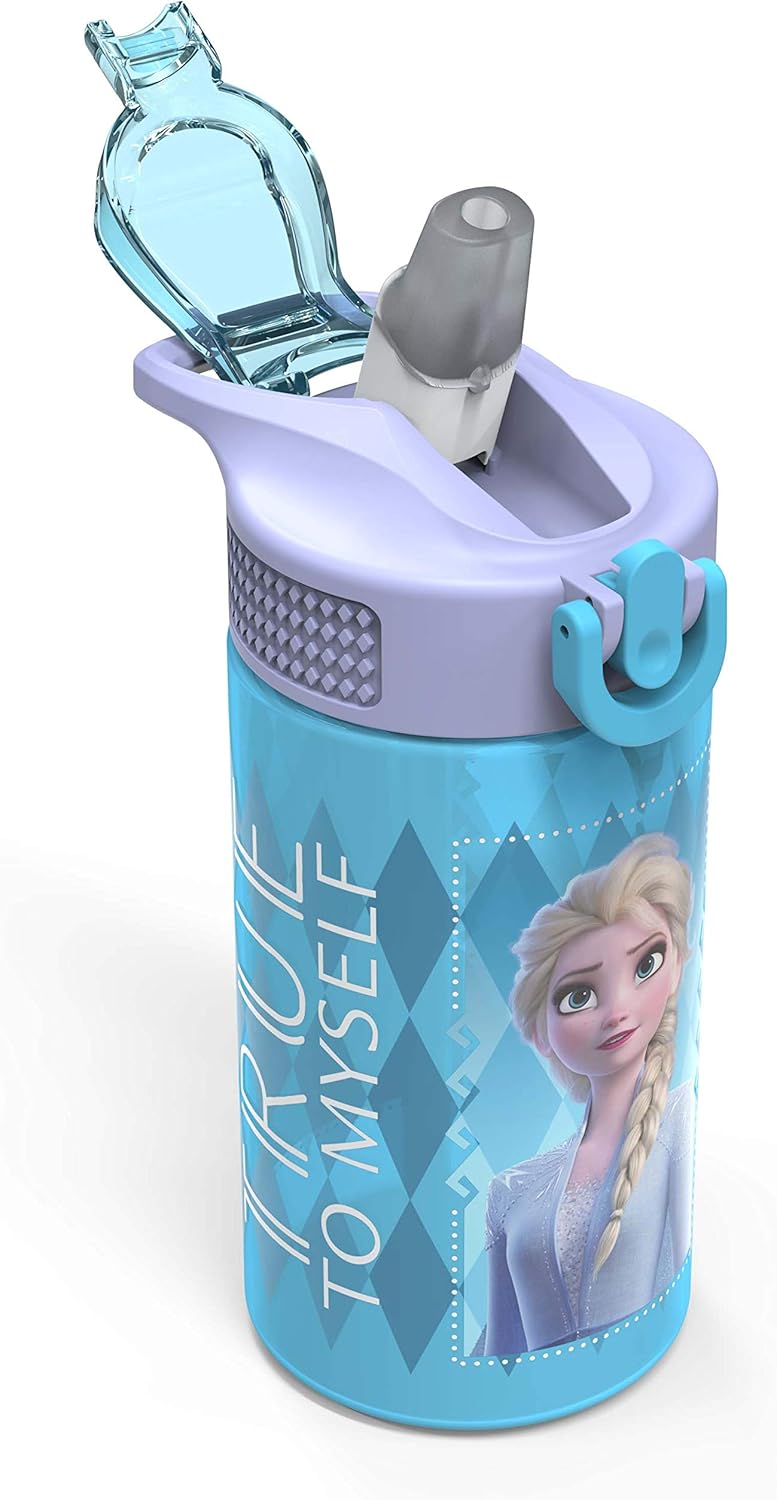 Zak Designs Disney Frozen 2 Kids Water Bottle with Spout Cover and Carrying Loop, Durable Plastic, Leak-Proof Water Bottle Design for Travel (16 oz, 2-Pack, Non-BPA, Elsa & Anna) - Image 4
