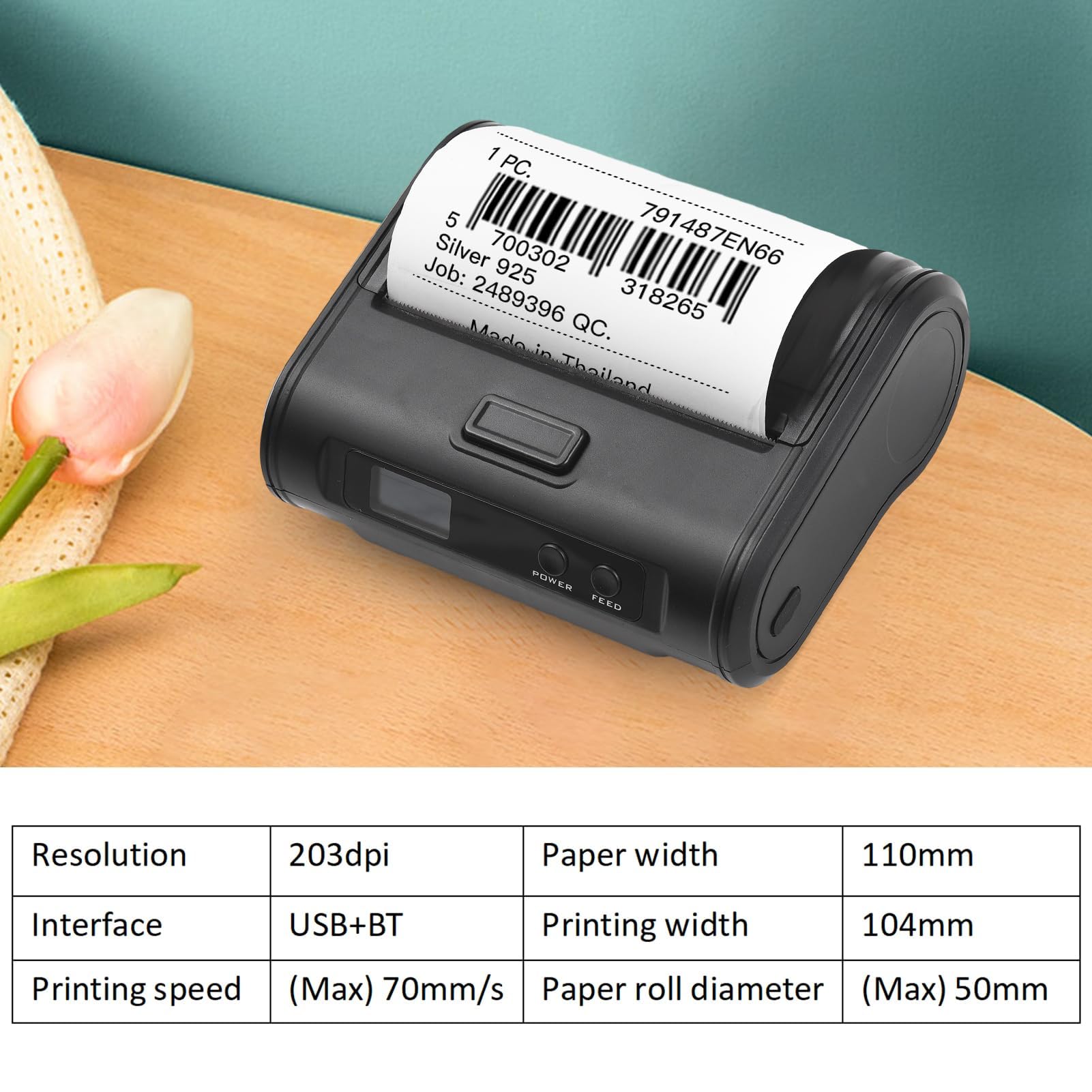 Walfront Impresora Térmica Portátil sin Tinta 4 Pulgadas 110mm, Inalámbrica con Conexión USB y Bluetooth, para Pequeñas Empresas, Cocina y Restaurante