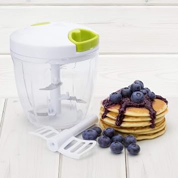 Hand Chopper Manual Food-Processor - Pull String to Slice Vegetables, Onions, Garlic, Meat, Nuts in Seconds - Curved Stainless Steel Removable Blades, Non-Slip Base, BPA-Free, Dishwasher-safe.