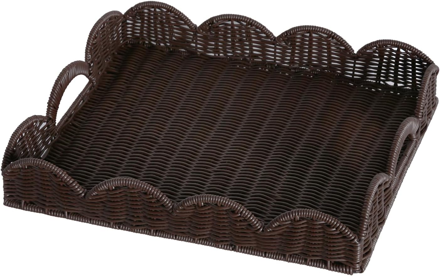 Scalloped Imitation Rattan Tray Basket,17"*13" Super Hard Rectangle Hand Woven Wicker Serving Trays with Handles, Seagrass Decoratve Trays for Coffee Table (Brown&Plastic-Dark)