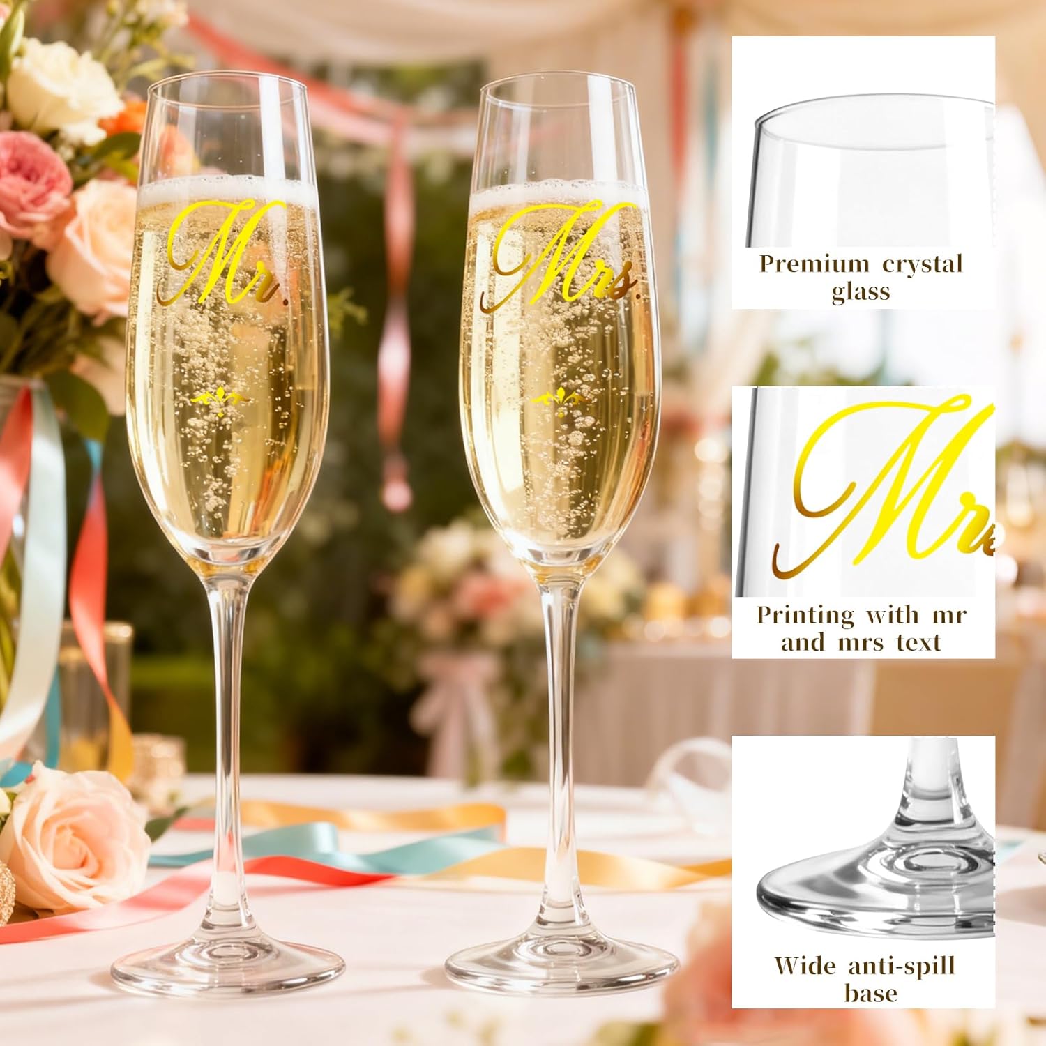 Edussy Mr and Mrs Champagne Flutes Set, Bride and Groom Glasses for Bridal Shower, Engagement and Wedding Gifts,Wedding Anniversary Toasting Glasses with Wed Memory Box for Couples