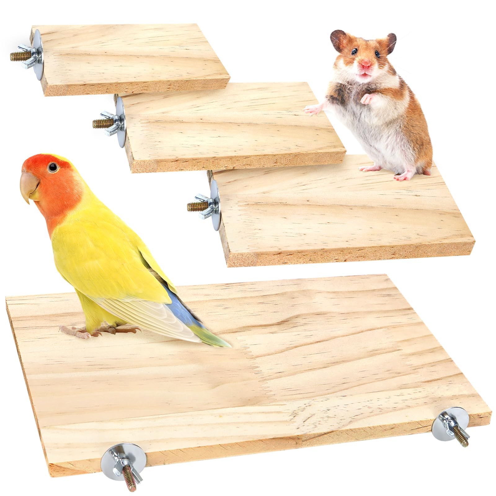 BILLIOTEAM 4-Size Bird Platforms with Wood Perches and Stand Boards - Habitat Cage Corner Shelves with Stainless Steel Washers - Ideal for Parrots, Cockatiels & Small Pets like Hamsters, Gerbils & Chi