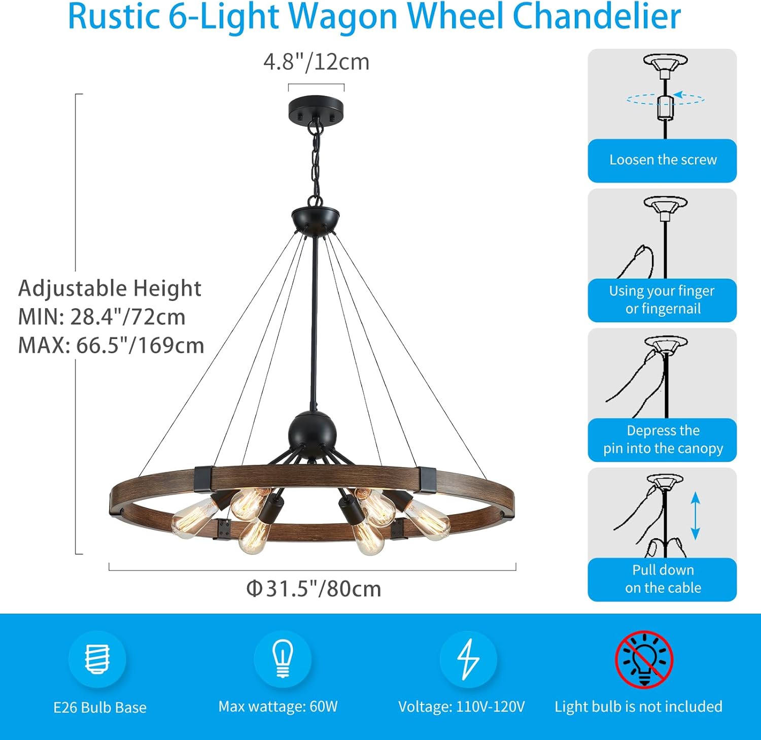 XINGQI 31.5" Wagon Wheel Chandeliers Large Modern Farmhouse Light Fixture, Black & Wood Grain Finish 6-Light for Dining Room Living Room Office
