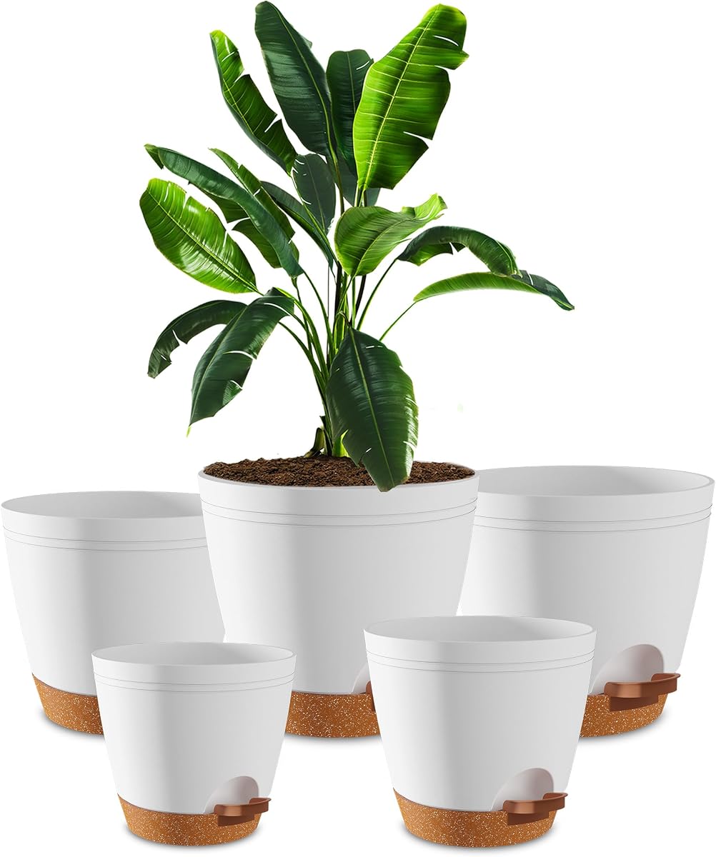 Utopia Home Self Watering Pots for Indoor Plants 6.8"/6.4"/5.9"/5.5"/4.9" Set of 5, Planters for Indoor Plants, Small Multi-Size Flowerpot, Plant Pots with Drainage & Reservoir (White)