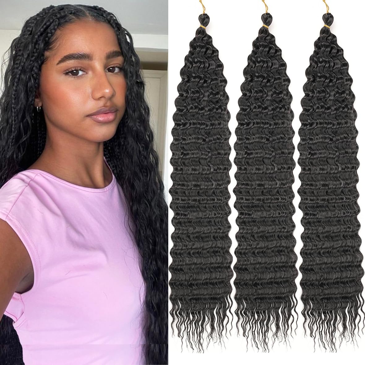 Kachanaa 24 Inch Pre-Separate Ocean Wave Crochet Hair for Goddess Braids Synthetic Crochet Braiding Hair for Boho Box Braids 7 Pack Black Pre-Separate Deep Wave Hair Extensions /1B#