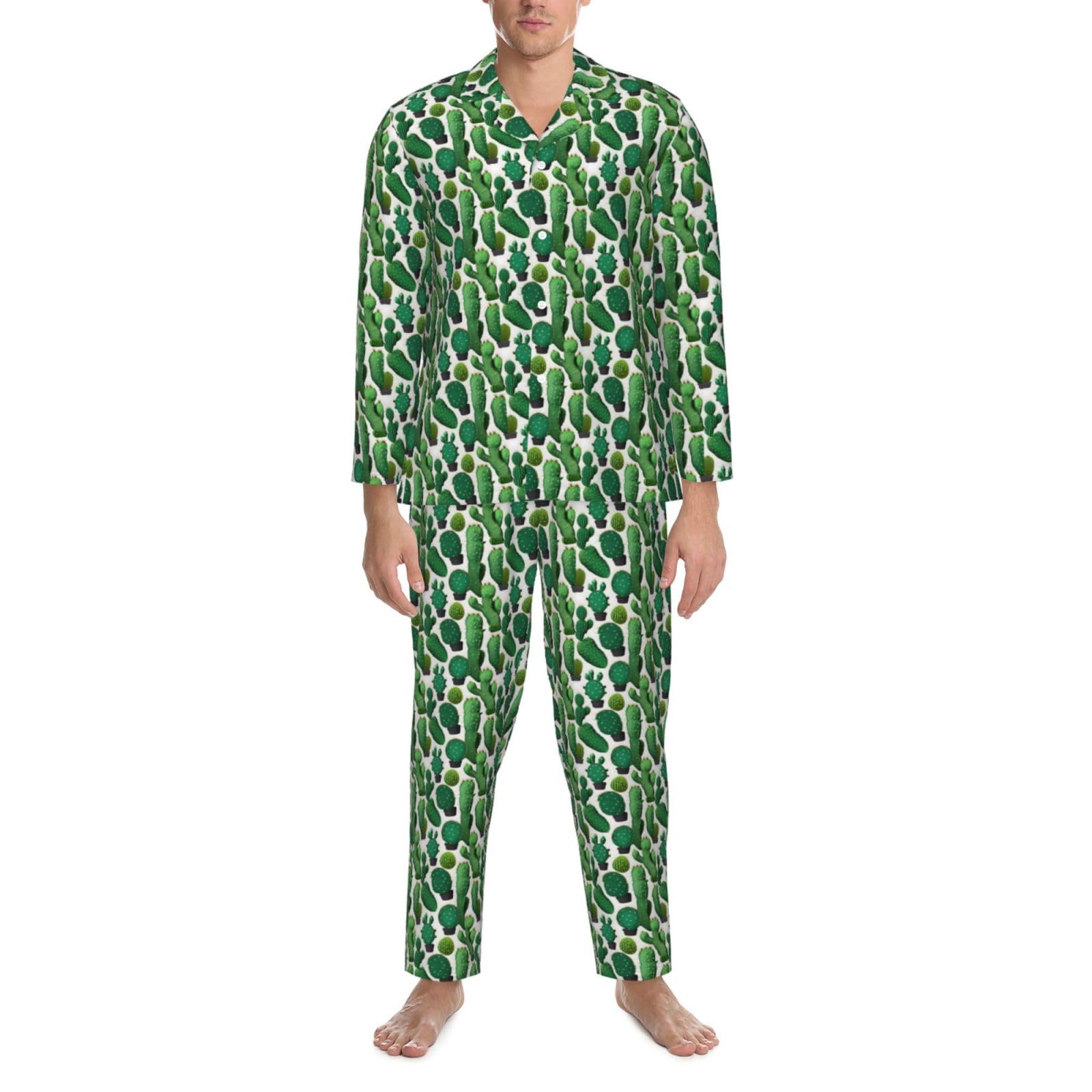 Herren-Pyjama-Set, langärmelig, Kaktusmuster, zweiteilig, bequem, Nachtwäsche, Grün