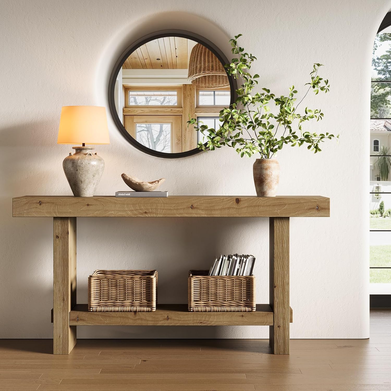 Tribesigns Massivholz Konsolentisch, 160cm Extra Langer Konsolentisch, 2 Stufiger Schmaler Bauernhaus Wohnzimmertisch für Eingangsbereich, Flur, Foyer, Rustikales Braun