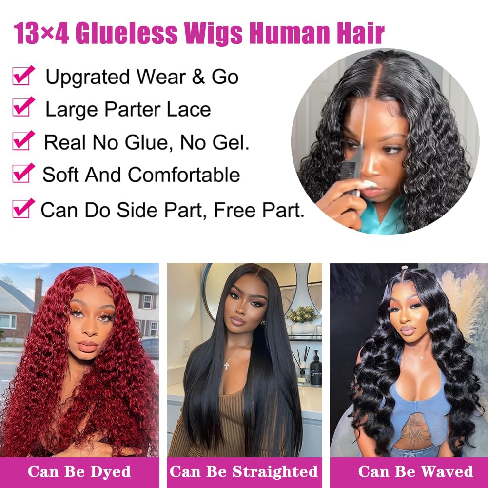 24 Inch Deep Wave Lace Front Wigs Human Hair Glueless Wigs Human Hair Pre Plucked Pre Cut 13x4 HD Lace Frontal Wear and Go Wig for Black Women 180% Density with Natural Hairline