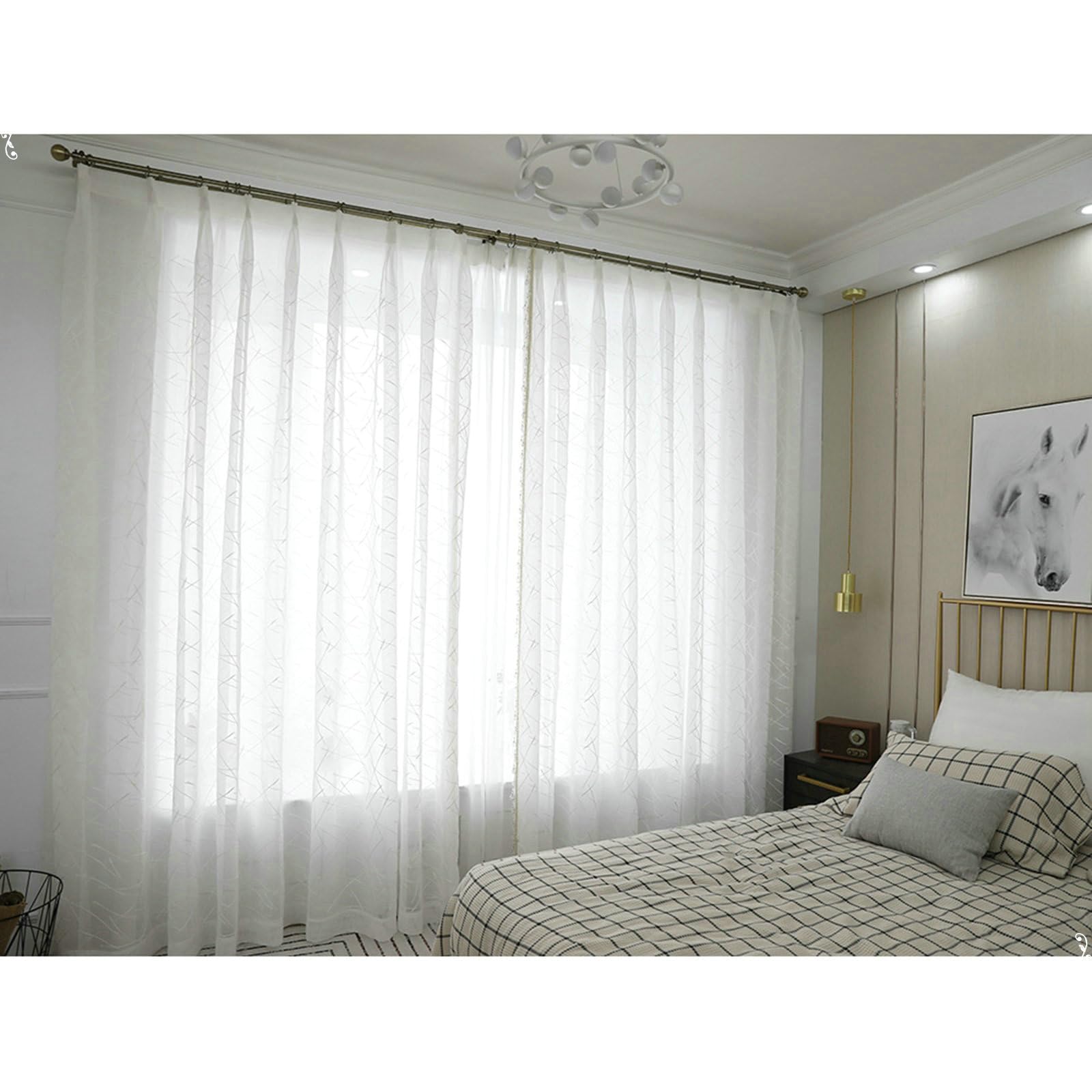 Gualiy Durchsichtige Vorhänge Transparent, Gardinen Wohnzimmer 2er Set Weiß Haken 107x132CM Geometrische Linien Gestickt Vorhang für Wohnung