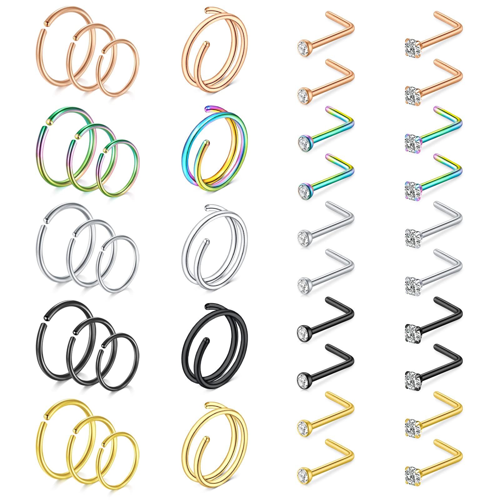 Mayhoop 20g Nose Rings Hoops And Studs For Women Men - Hypoallergenic 316L Surgical Stainless Steel L Shape Nose Screw Bone Silver Rose Gold Black Rainbow Pack 28Pcs